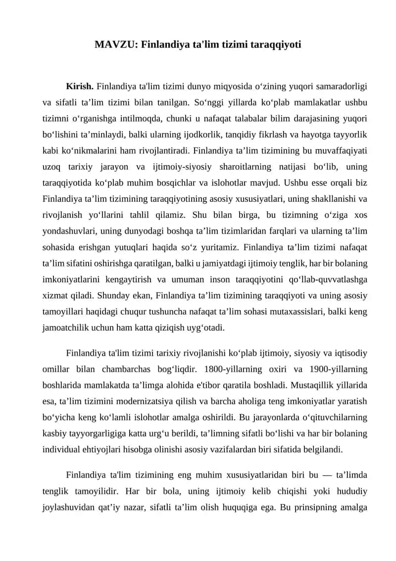 Finlandiya ta'lim tizimi taraqqiyoti (TAQDIMOT)