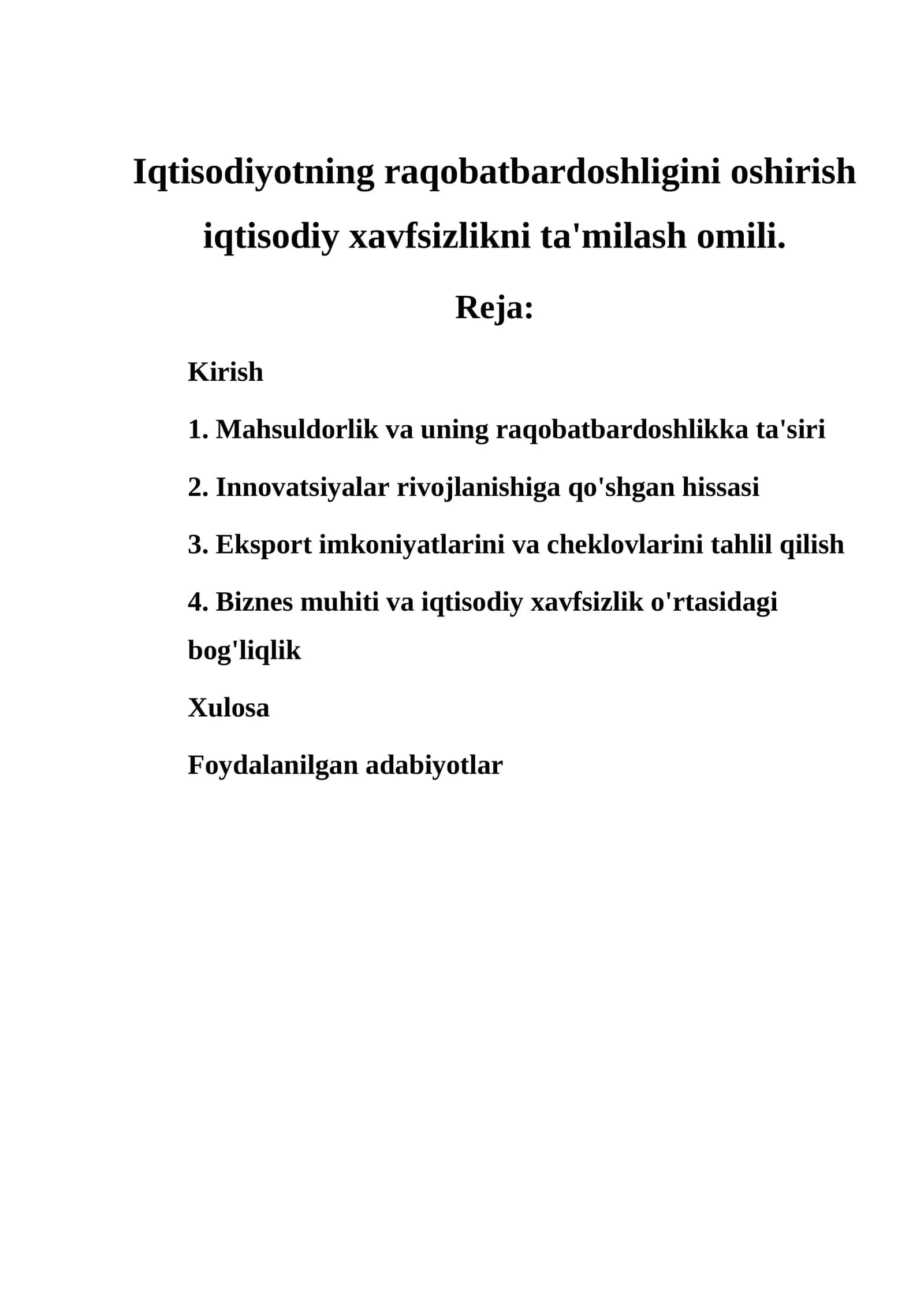 Iqtisodiyotning raqobatbardoshligini oshirish