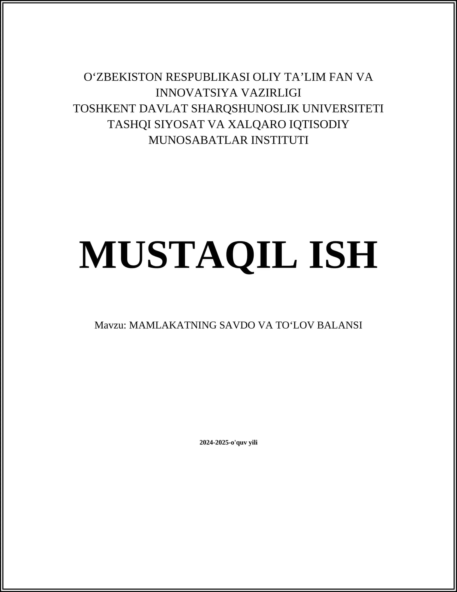 MAMLAKATNING SAVDO VA TOʻLOV BALANSI