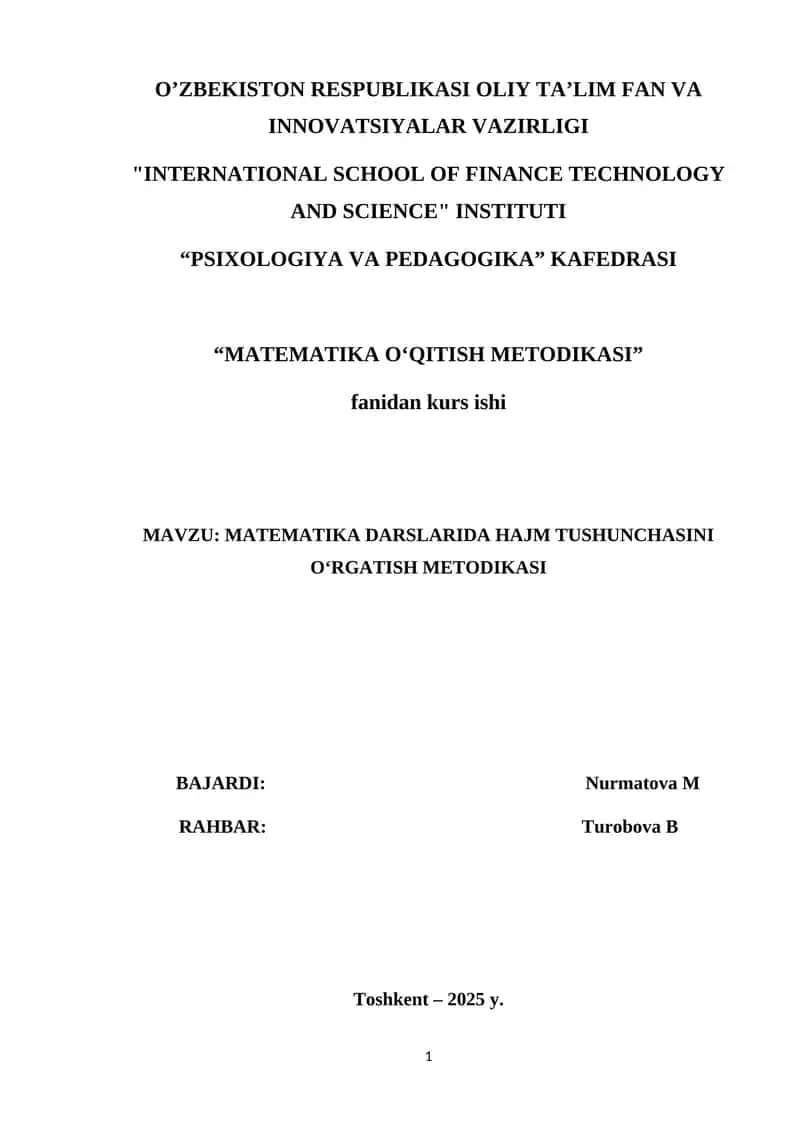 MATEMATIKA DARSLARIDA HAJM TUSHUNCHASINI O‘RGATISH METODIKASI