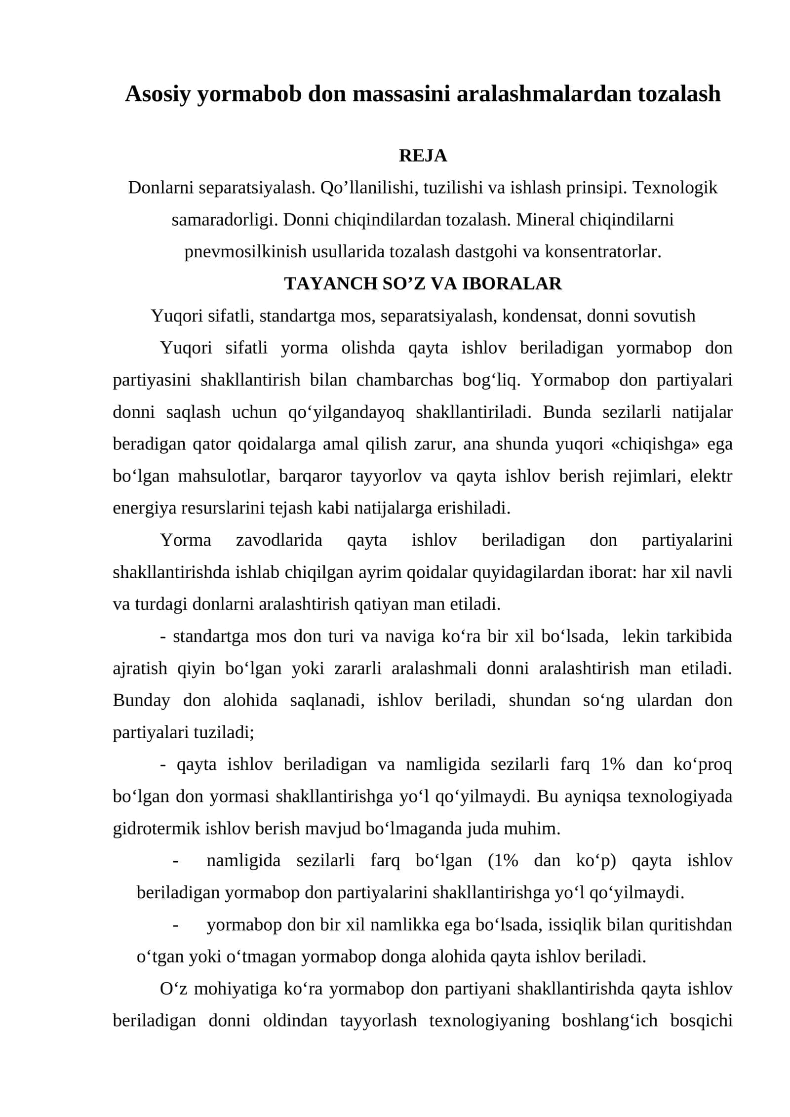 Asosiy yormabob don massasini aralashmalardan tozalash