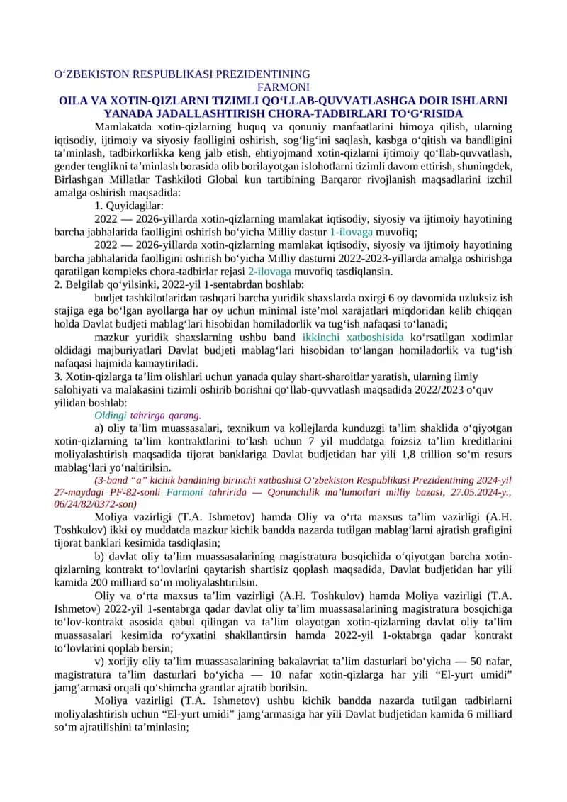 OILA VA XOTIN-QIZLARNI TIZIMLI QO‘LLAB-QUVVATLASHGA DOIR ISHLARNI YANADA JADALLASHTIRISH CHORA-TADBIRLARI TO‘G‘RISIDA