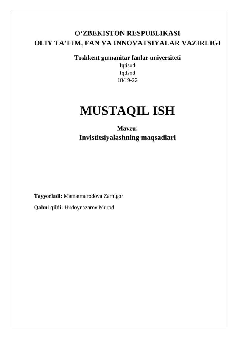 Investitsiya maqsadlarini aniqlash