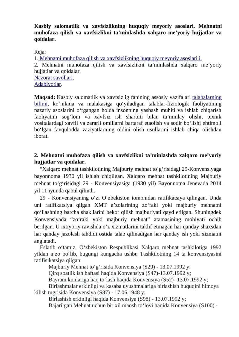 Mehnatni muhofaza qilish va xavfsizlikning huquqiy meyoriy asoslari