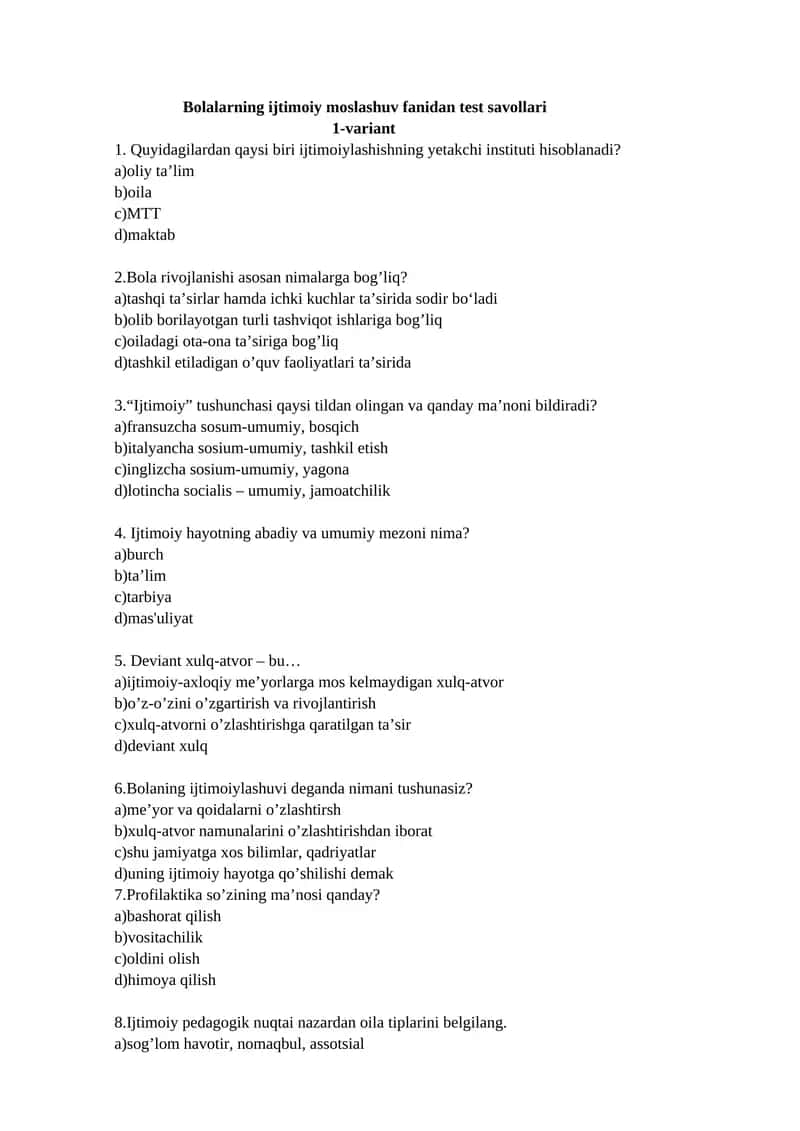 Bolalarning ijtimoiy moslashuv fanidan test savollari
