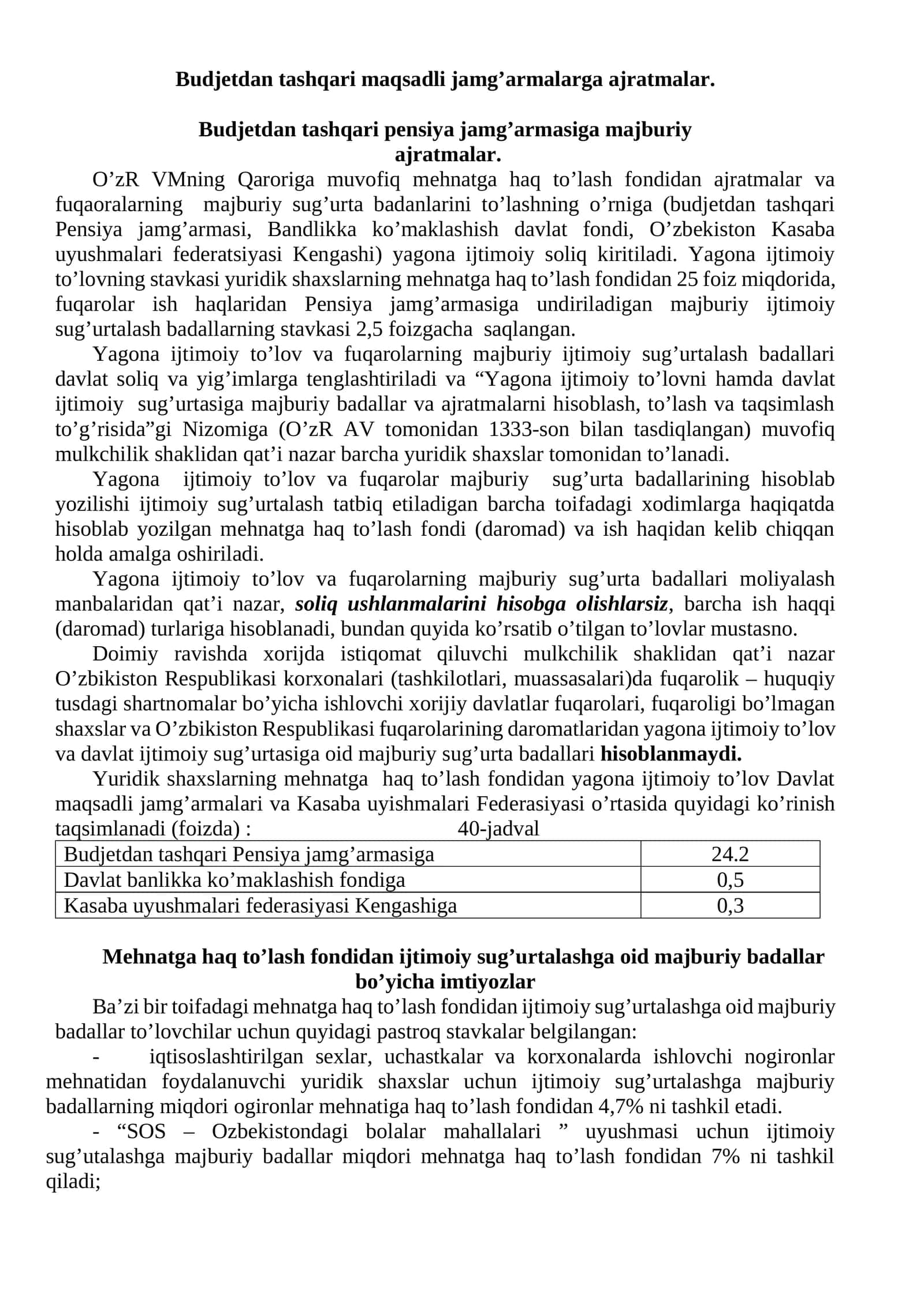 Budjetdan tashqari maqsadli jamg’armalarga ajratmalar