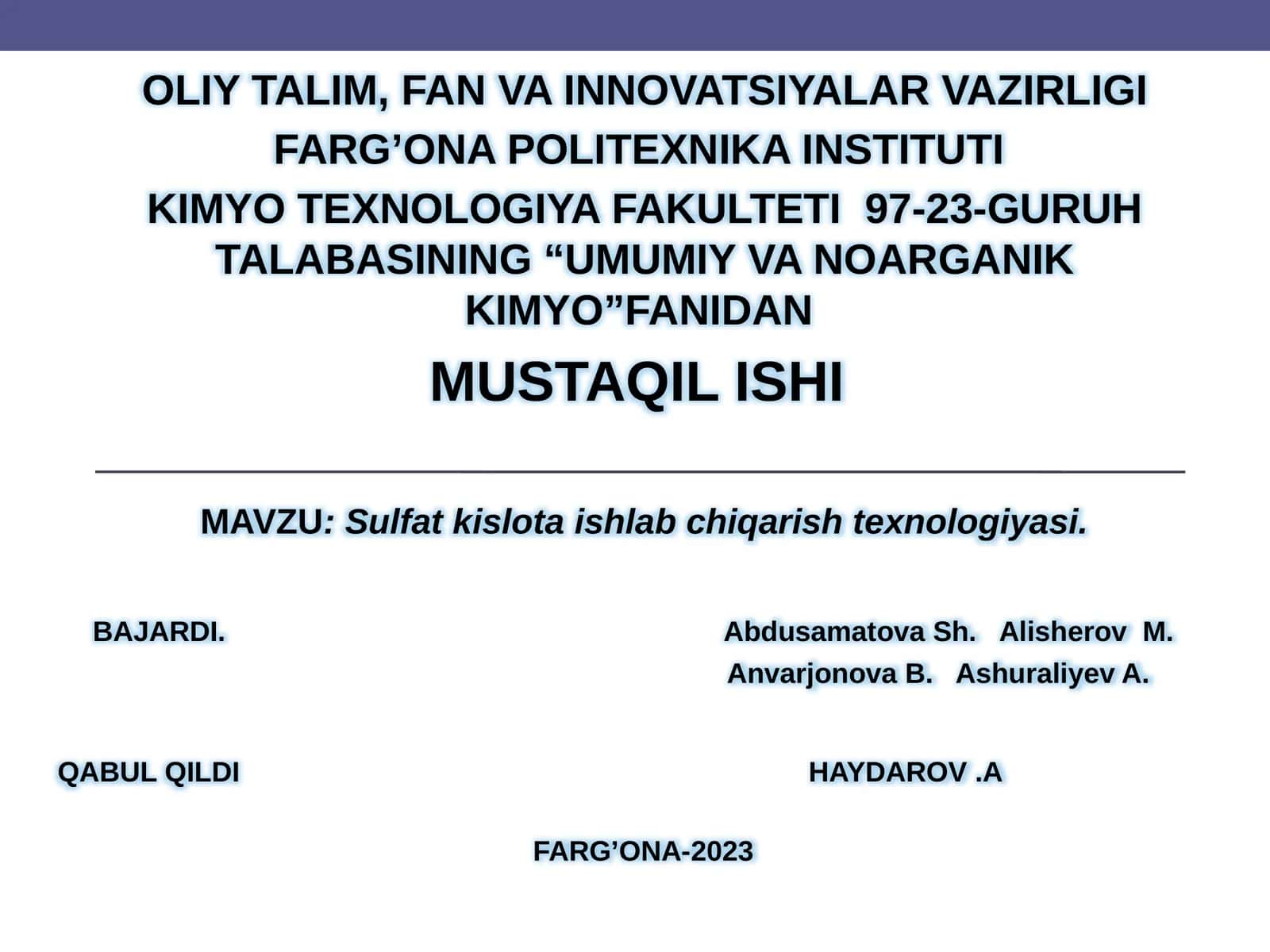 Sulfatkislota ishlab chiqarish texnologiyasi