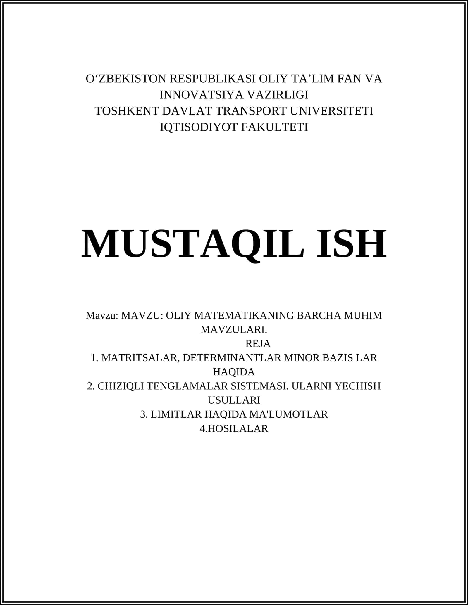 OLIY MATEMATIKANING BARCHA MUHIM MAVZULARI