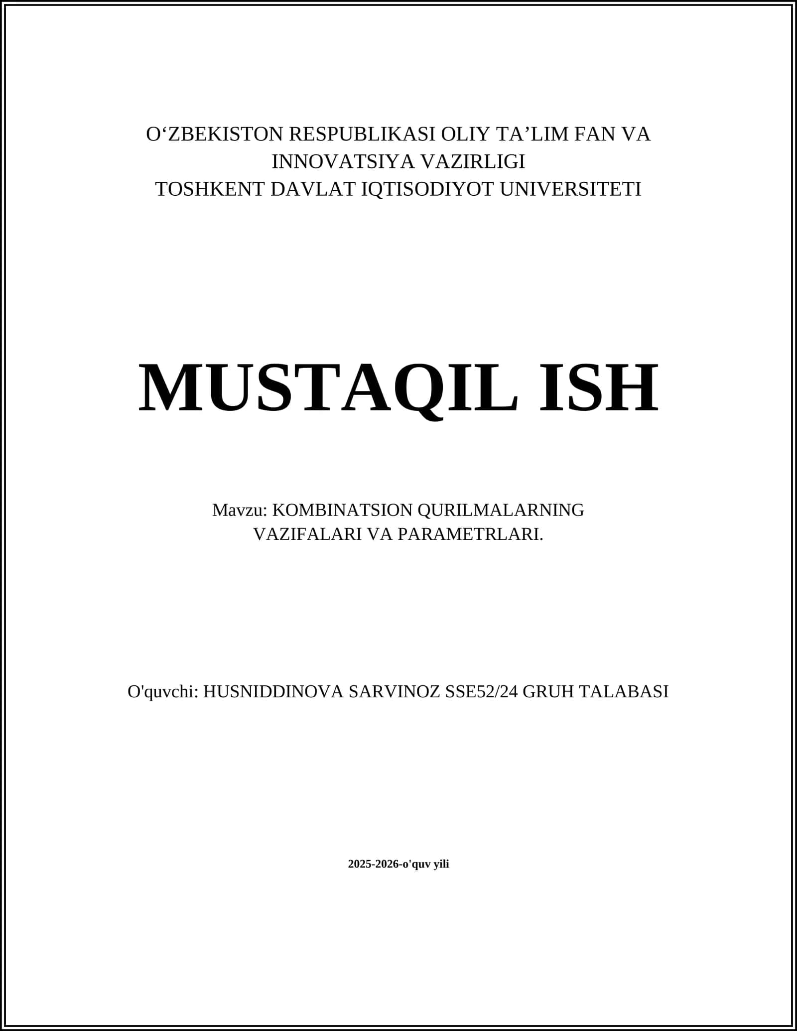 KOMBINATSION QURILMALARNING VAZIFALARI VA PARAMETRLARI