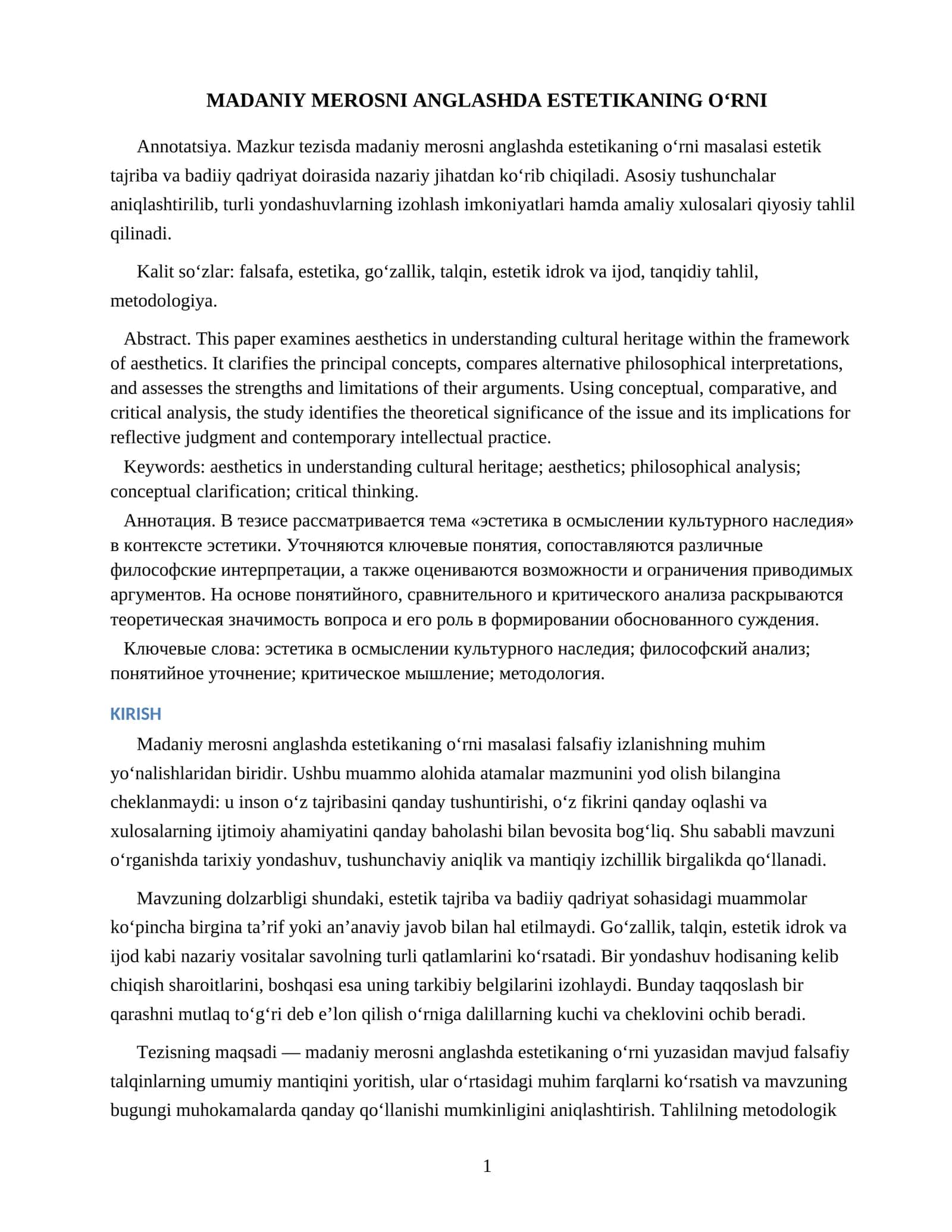 MADANIY MEROSNI ANGLASHDA ESTETIKANING O‘RNI