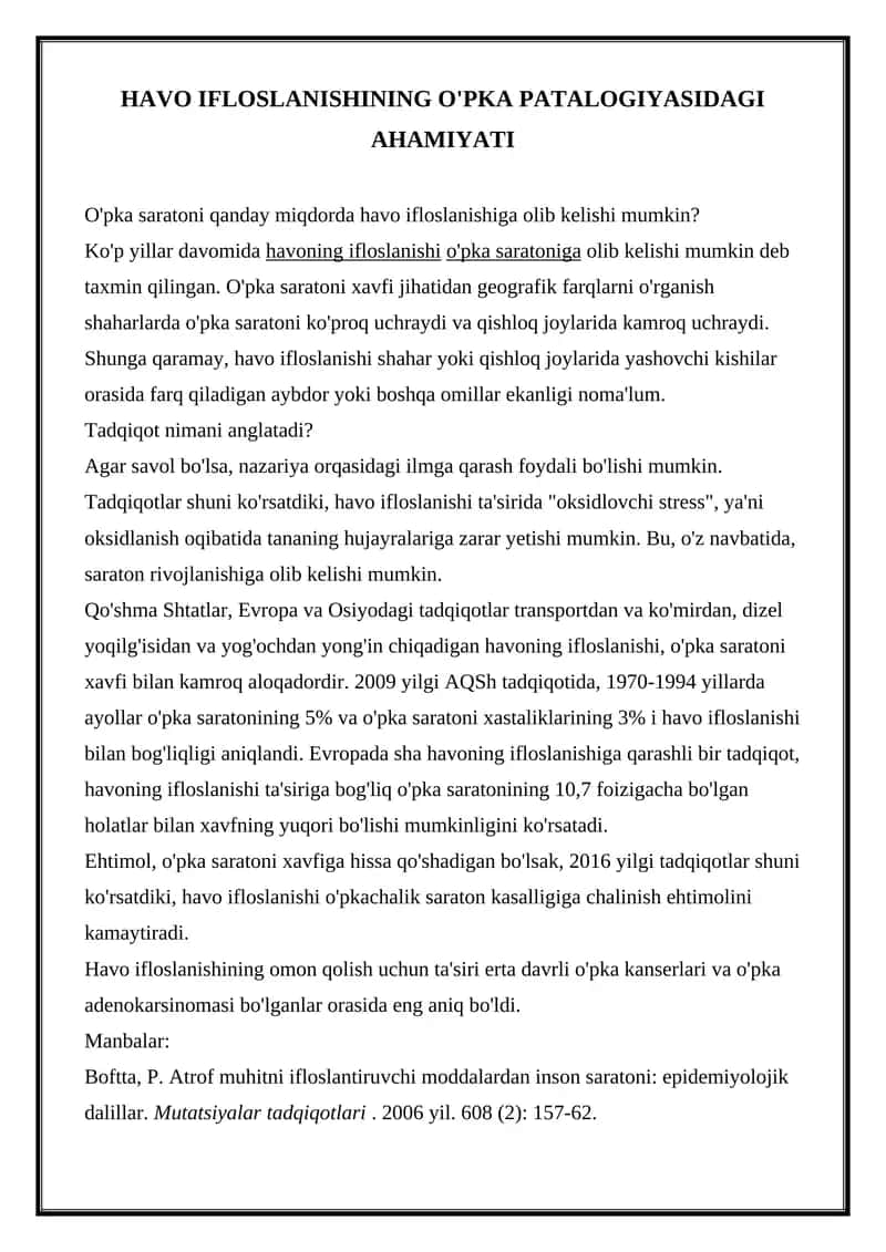 O'pka saratoni va havo ifloslanishi