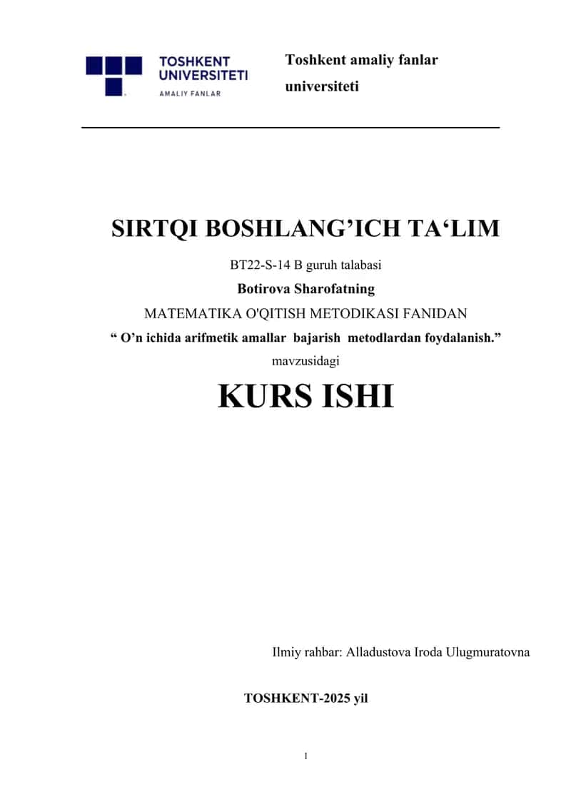 O’n ichida arifmetik amallar bajarish metodlardan foydalanish
