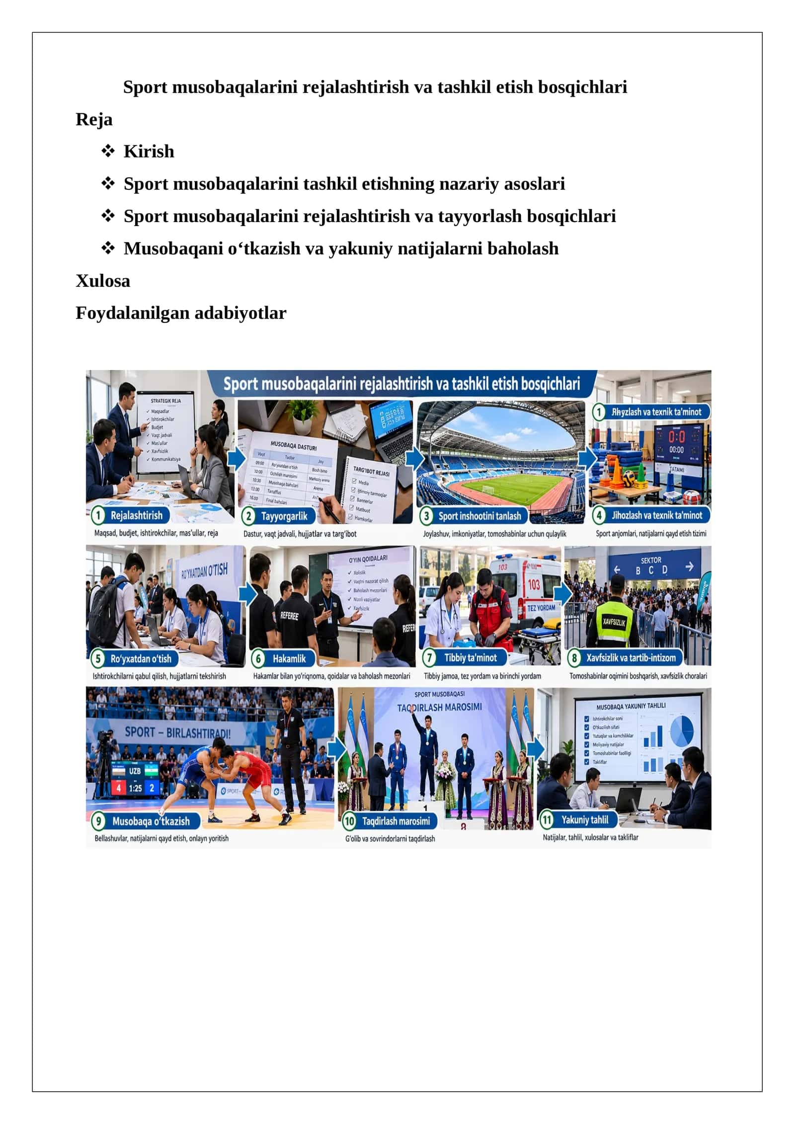 Sport musobaqalarini rejalashtirish va tashkil etish bosqichlari