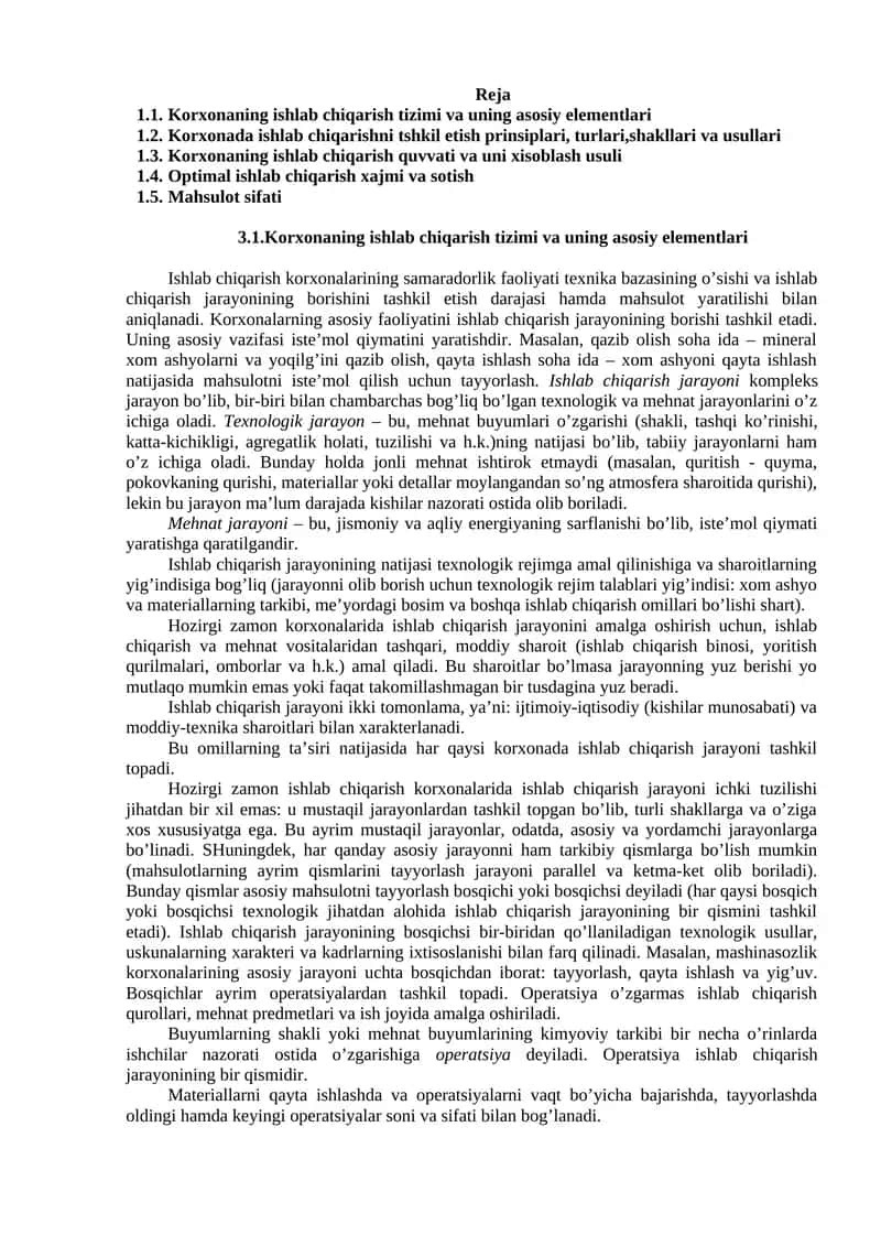 Ishlab chiqarish tizimi va uning asosiy elementlari