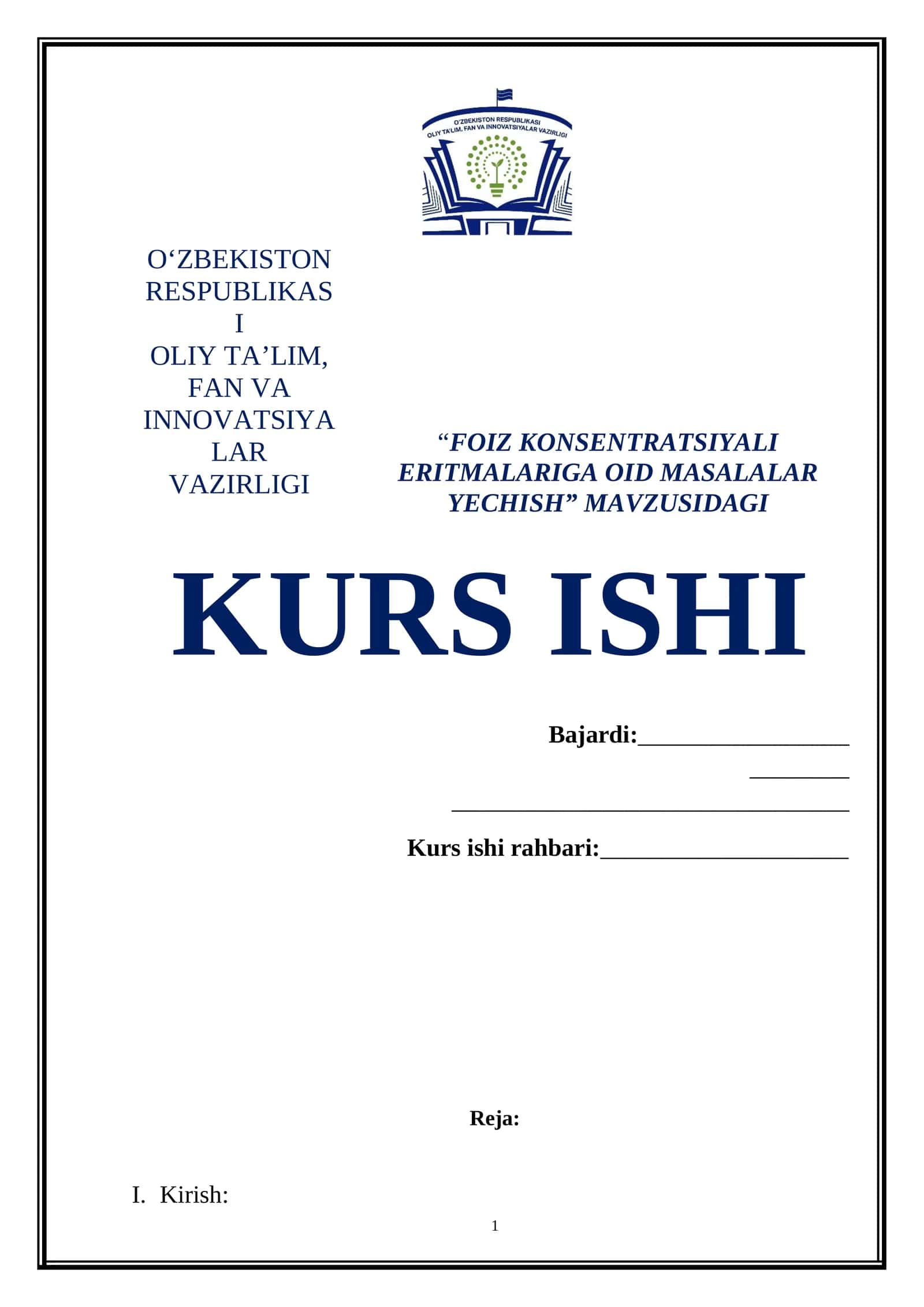 FOIZ KONSENTRATSIYALI ERITMALARIGA OID MASALALAR YECHISH