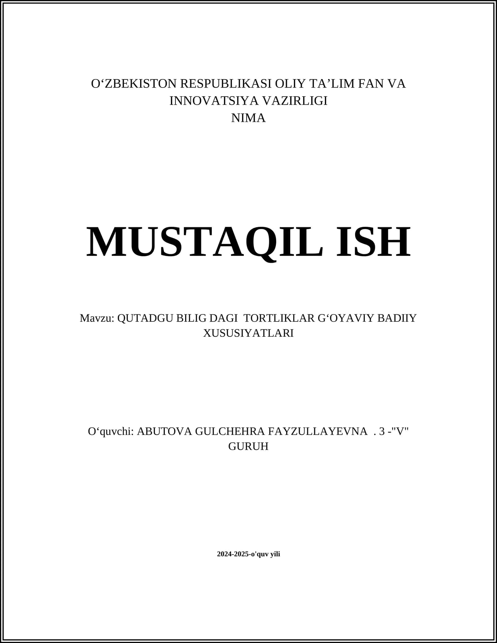 QUTADGU BILIG DAGI TORTLIKLAR G‘OYAVIY BADIIY XUSUSIYATLARI