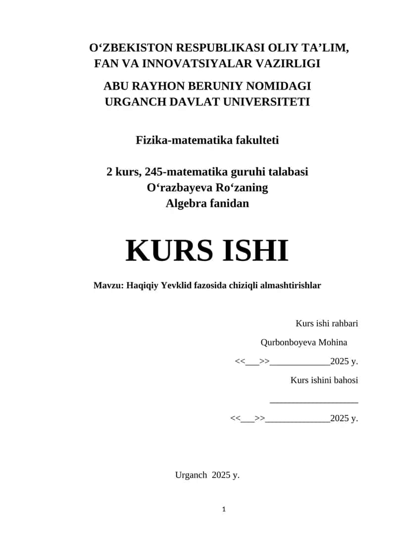 Haqiqiy Yevklid fazosida chiziqli almashtirishlar