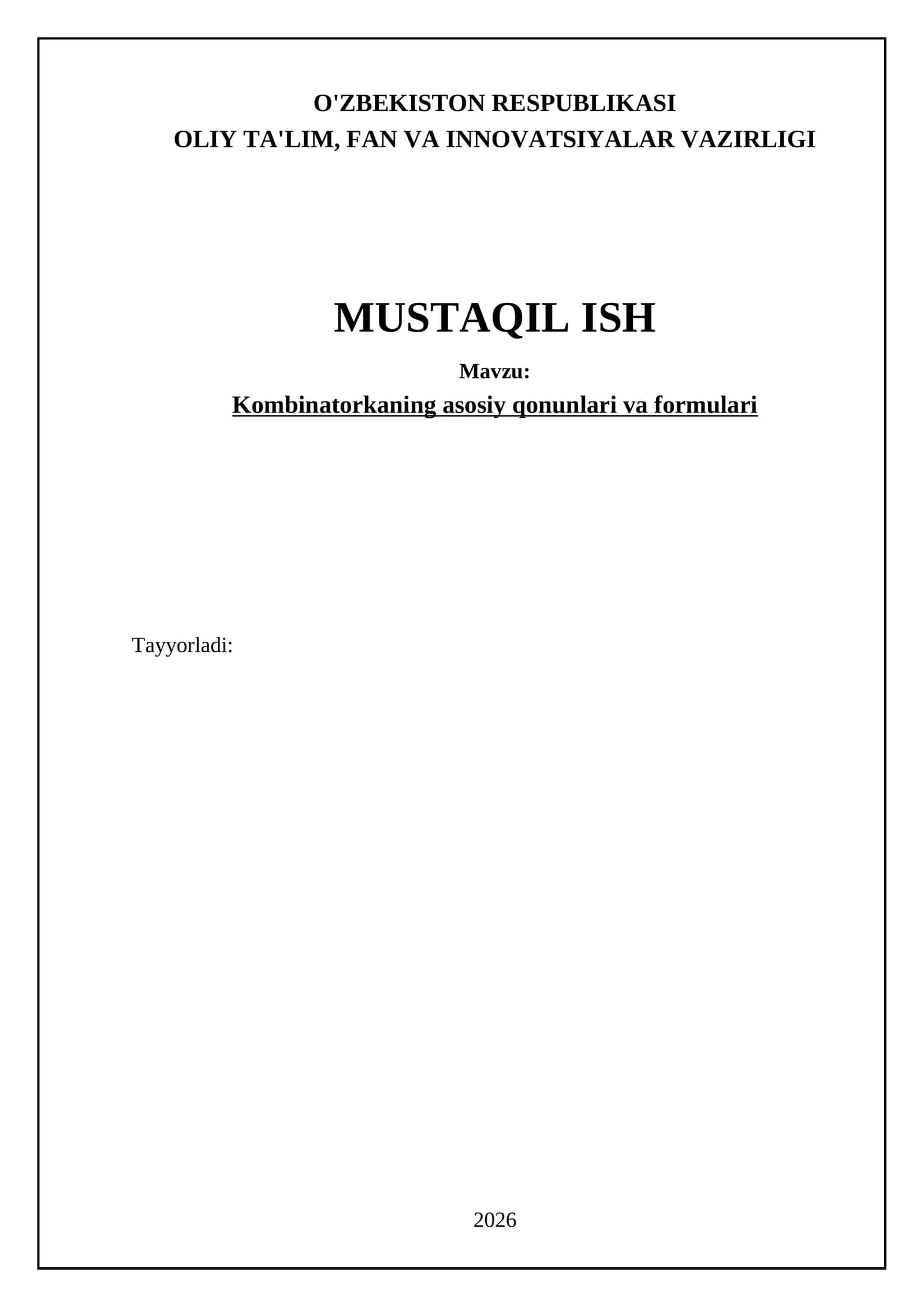 Kombinatorika asosiy qonunlari va formulalari