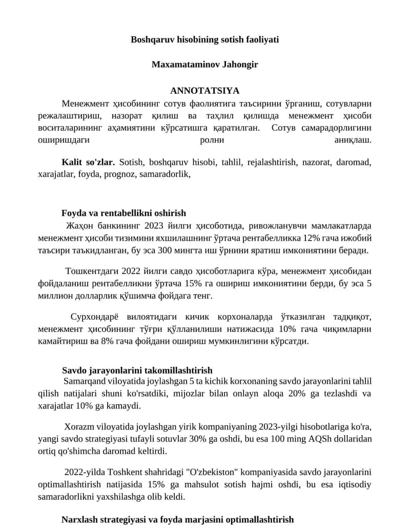 Boshqaruv hisobining sotish faoliyati