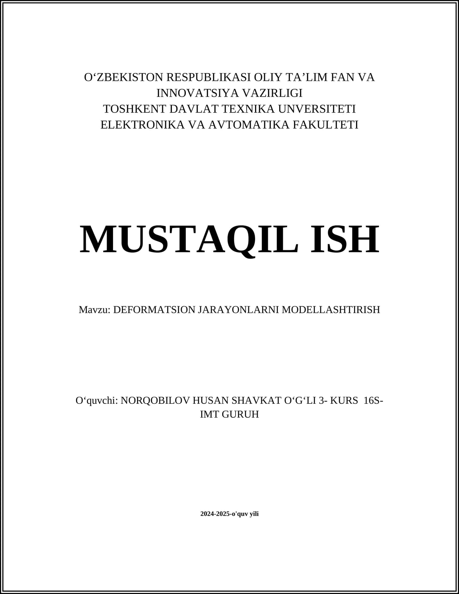 DEFORMATSION JARAYONLARNI MODELLASHTIRISH
