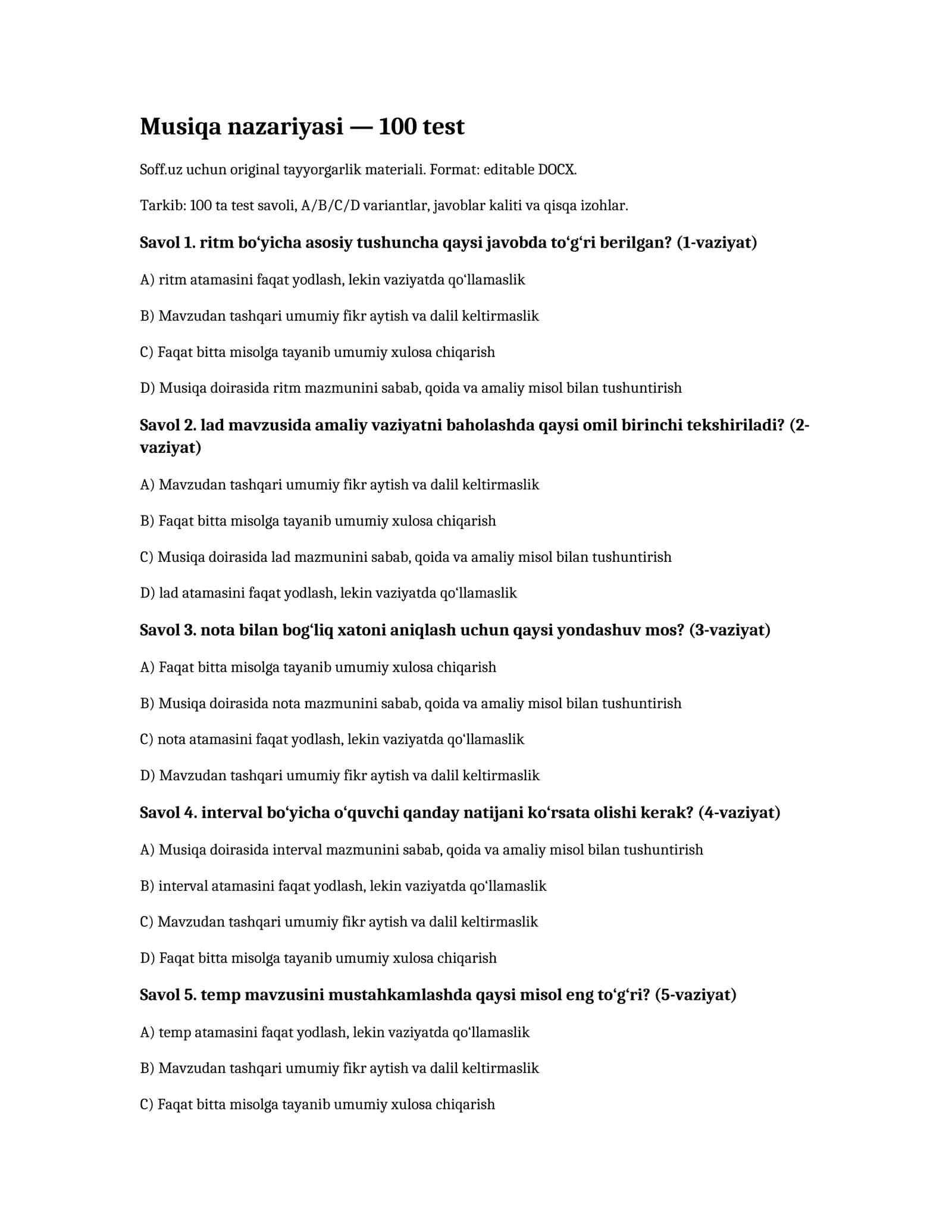 Musiqa nazariyasi — 100 test