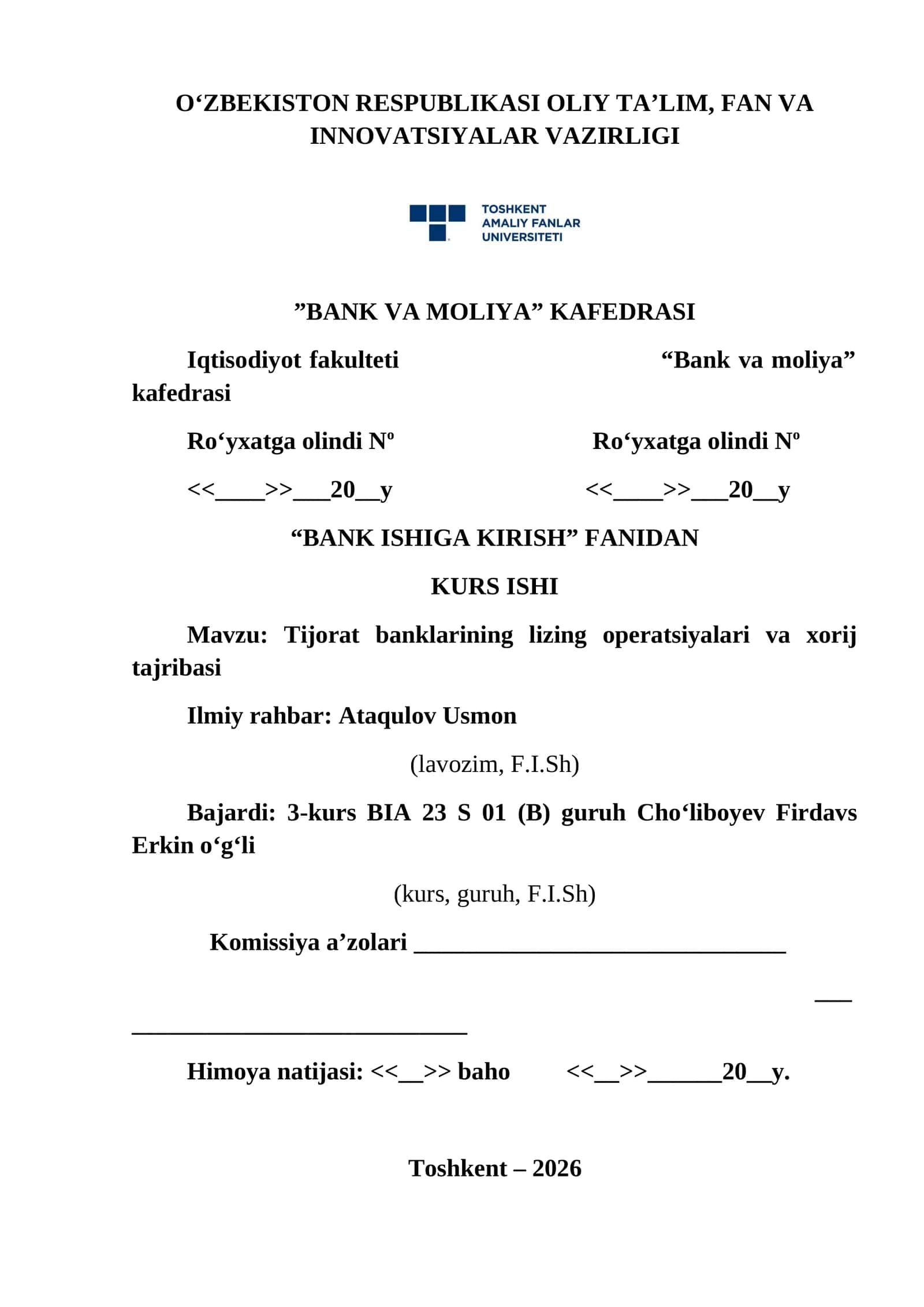 BANK ISHIGA KIRISH KURS ISHI