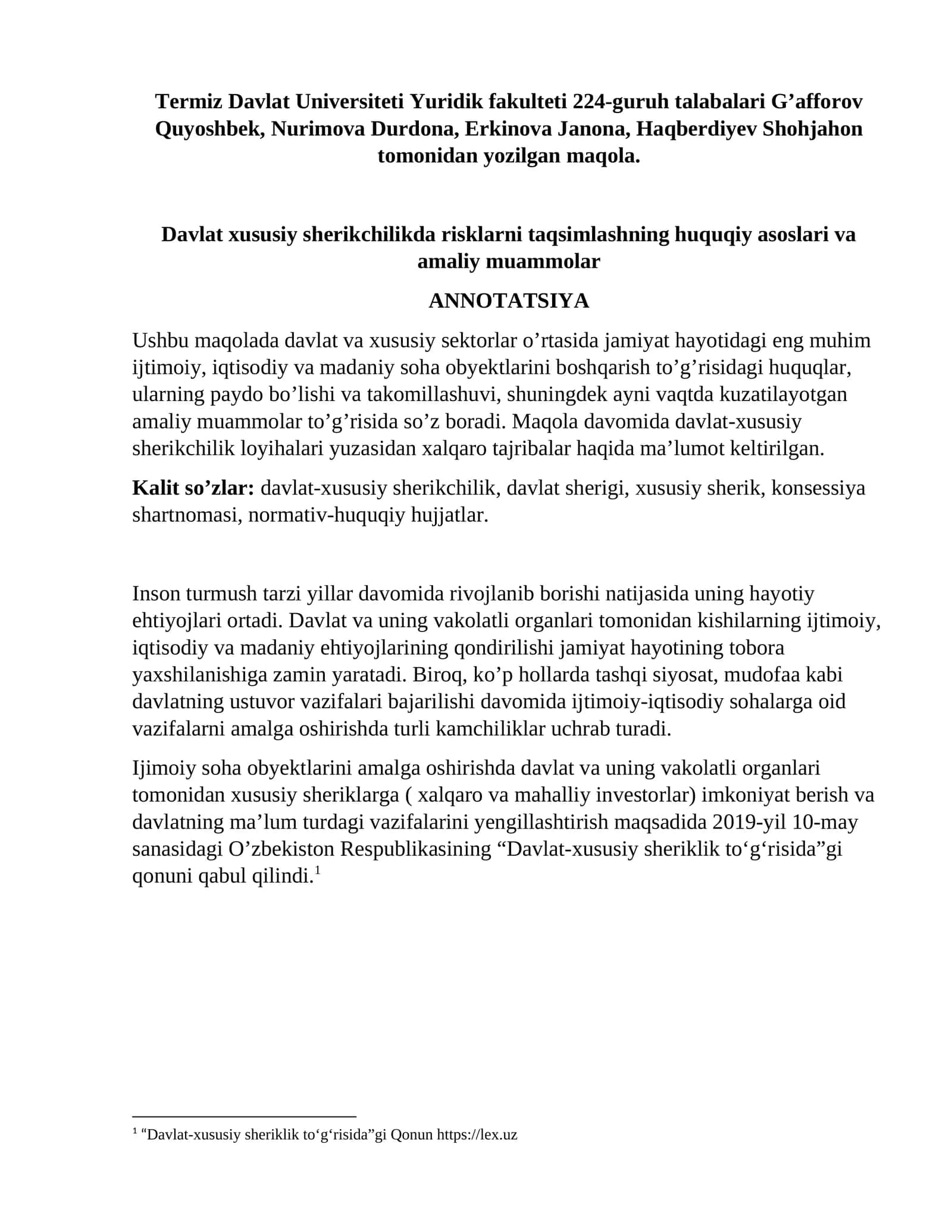 Davlat xususiy sherikchilikda risklarni taqsimlashning huquqiy asoslari va amaliy muammolar
