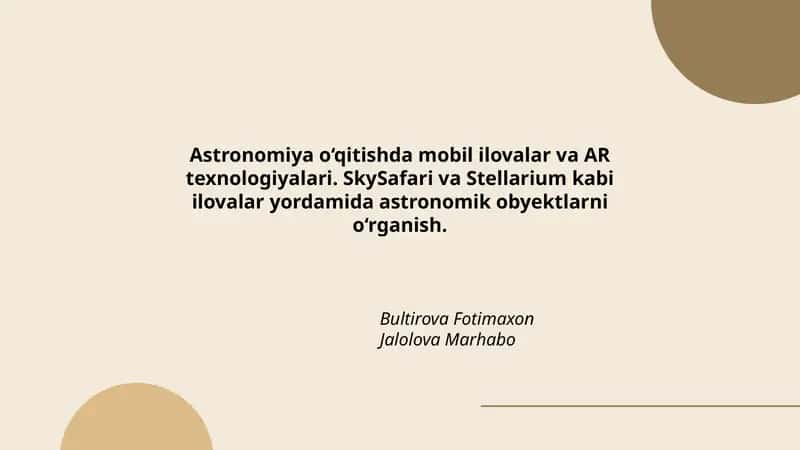 Astronomiya o‘qitishda mobil ilovalar va AR texnologiyalari