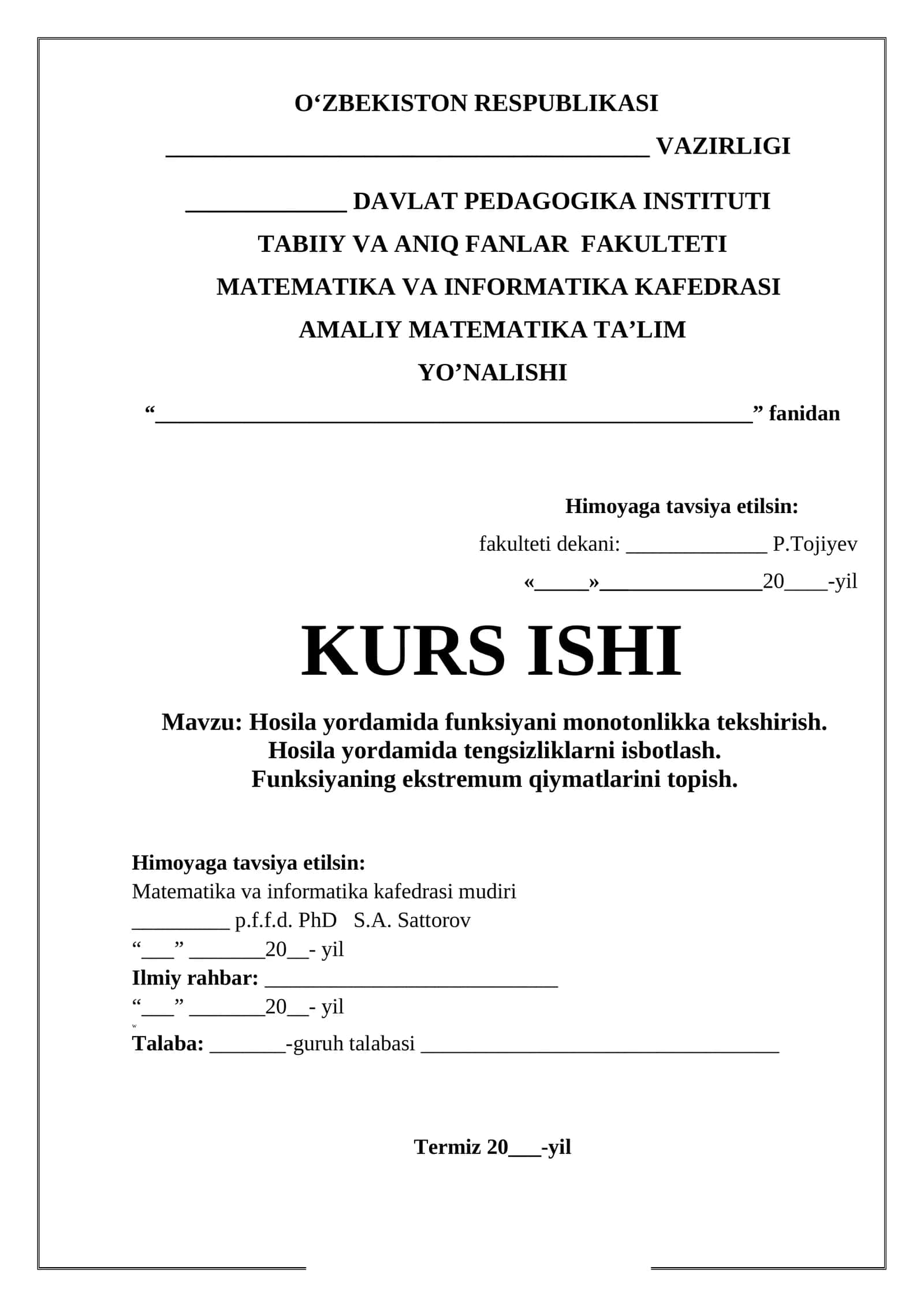Hosila yordamida funksiyani monotonlikka tekshirish. Hosila yordamida tengsizliklarni isbotlash