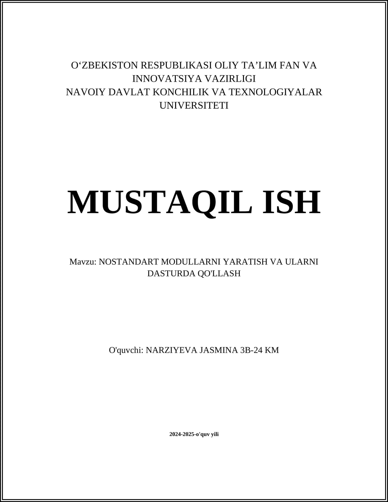 NOSTANDART MODULLARNI YARATISH VA ULARNI DASTURDA QO'LLASH