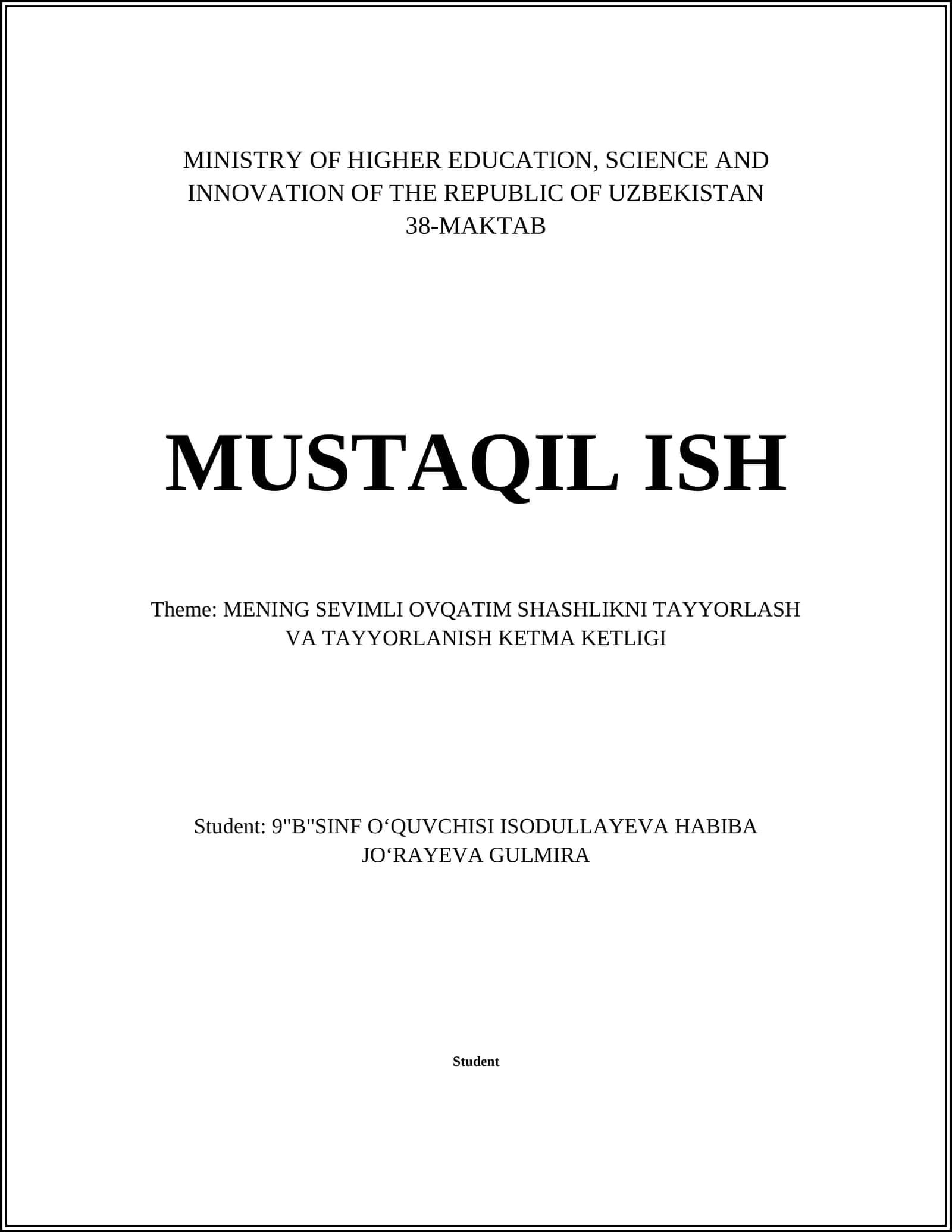 MENING SEVIMLI OVQATIM SHASHLIKNI TAYYORLASH VA TAYYORLANISH KETMA KETLIGI