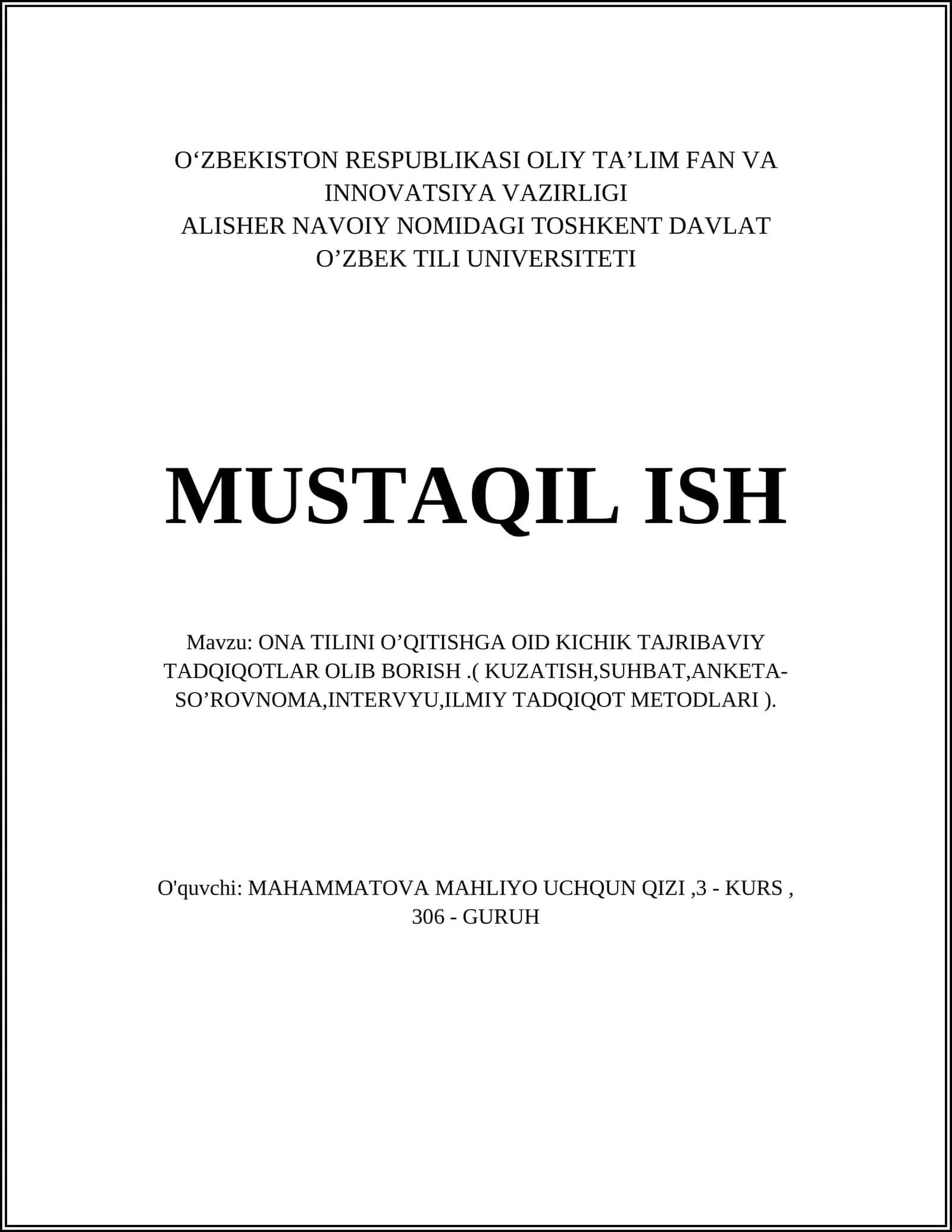ONA TILINI O’QITISHGA OID KICHIK TAJRIBAVIY TADQIQOTLAR