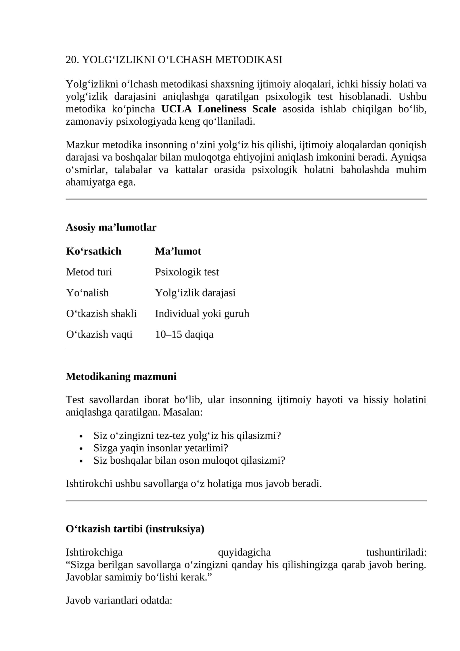 YOLG‘IZLIKNI O‘LCHASH METODIKASI