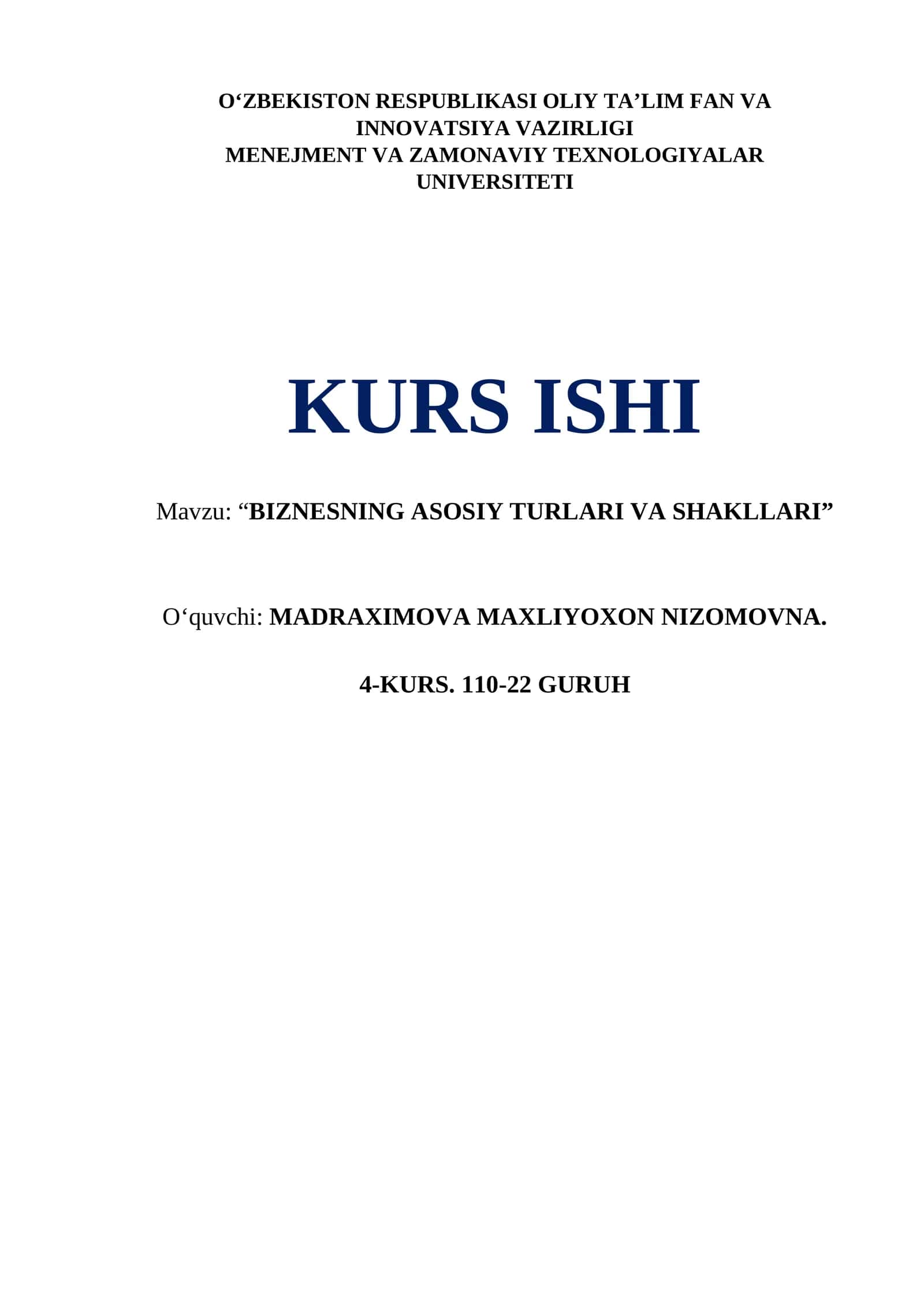 "BIZNESNING ASOSIY TURLARI VA SHAKLLARI"