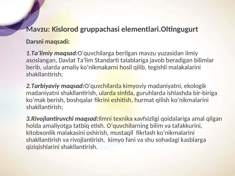 Kislorod gruppachasi elementlari.Oltingugurt