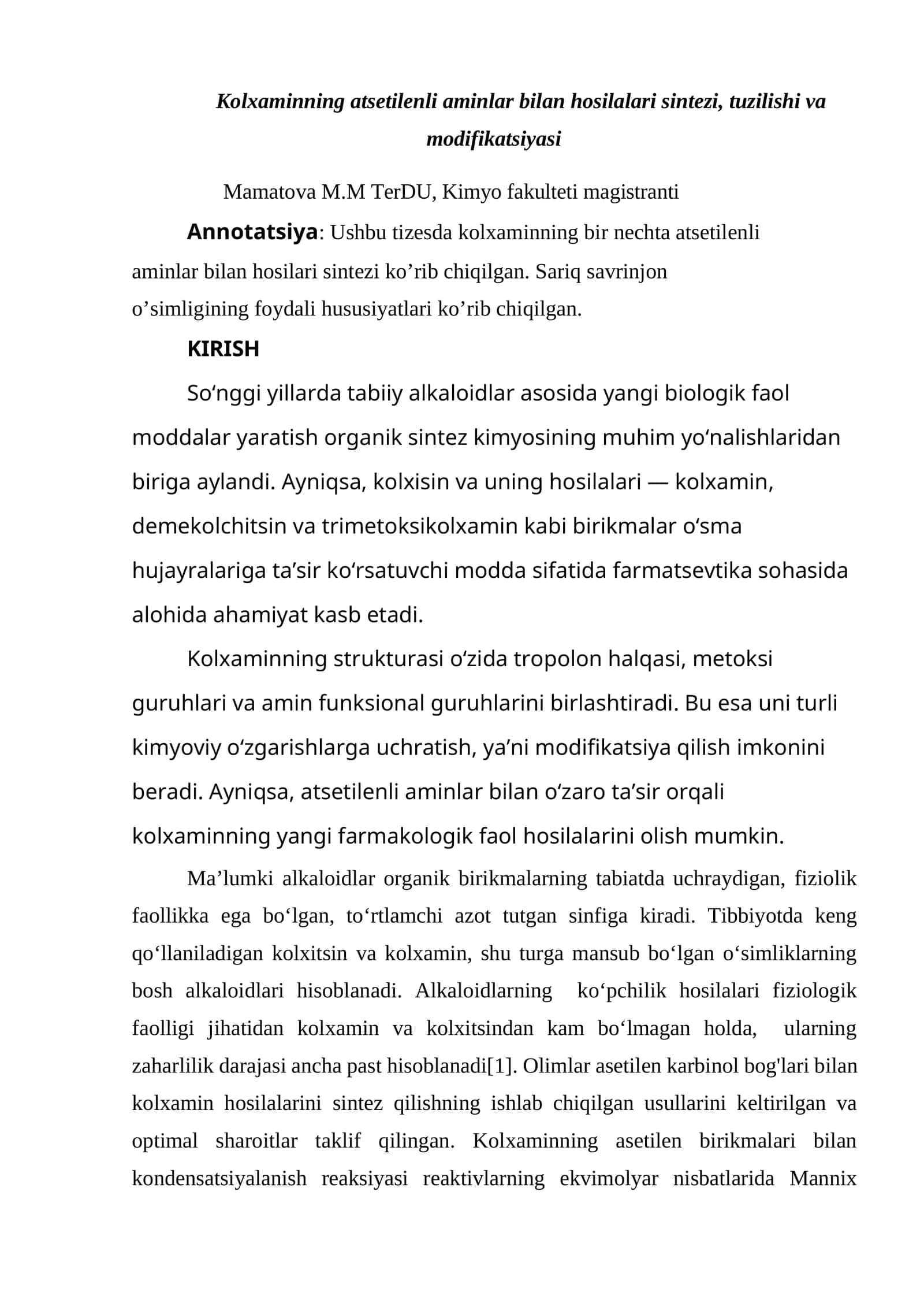 Kolxaminning atsetilenli aminlar bilan hosilalari sintezi, tuzilishi va modifikatsiyasi