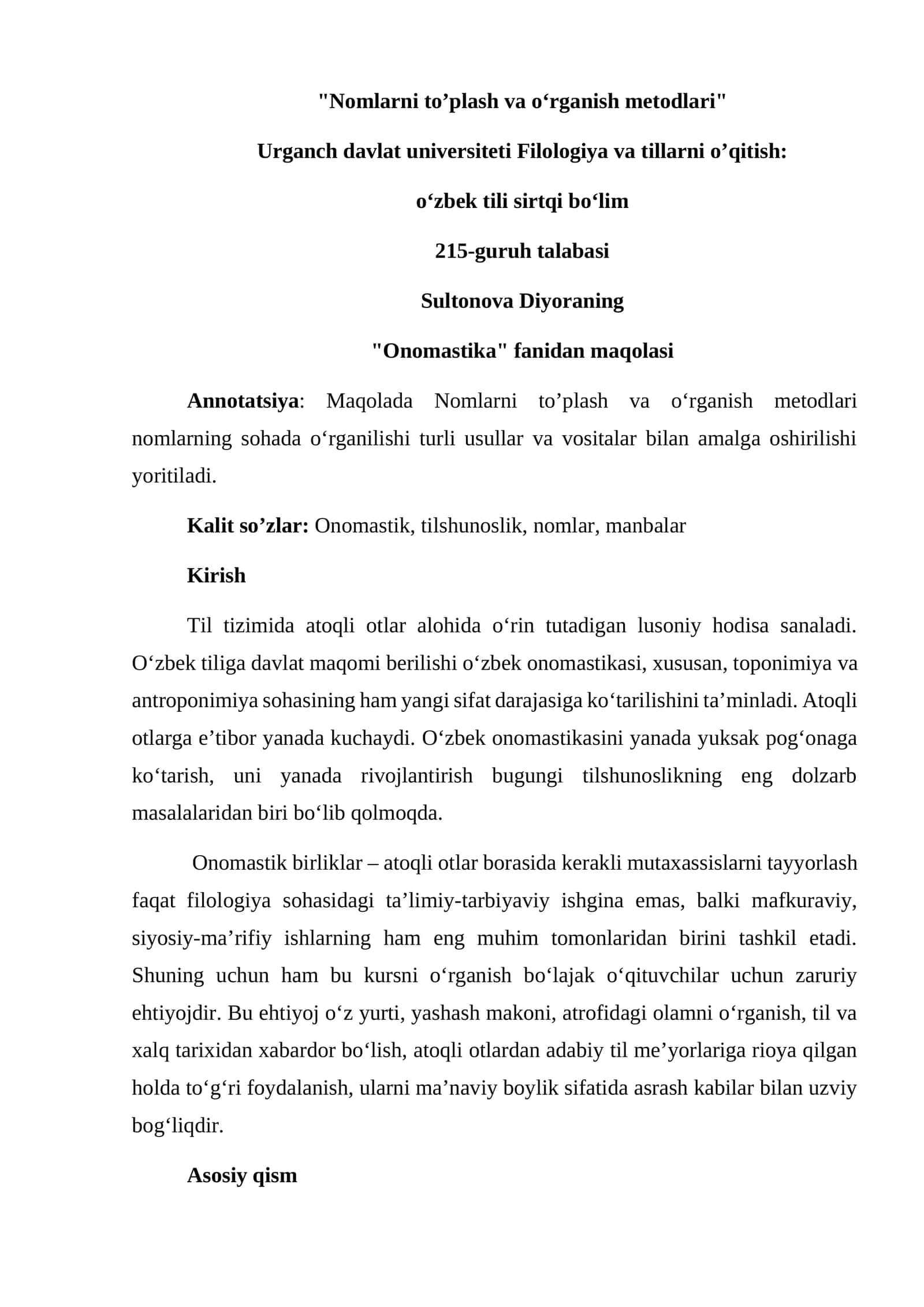 Nomlarni to’plash va o‘rganish metodlari
