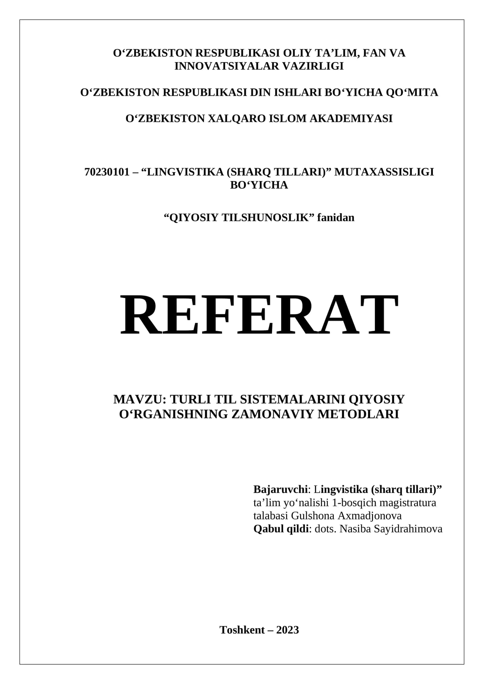 REFERAT Turli til sistemalarini qiyosiy o'rganishning zamonaviy metodlari