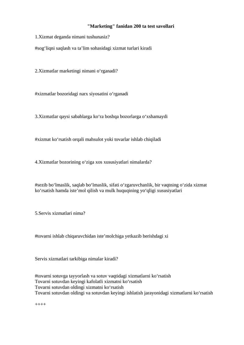 Marketing fanidan 200 ta test savollari