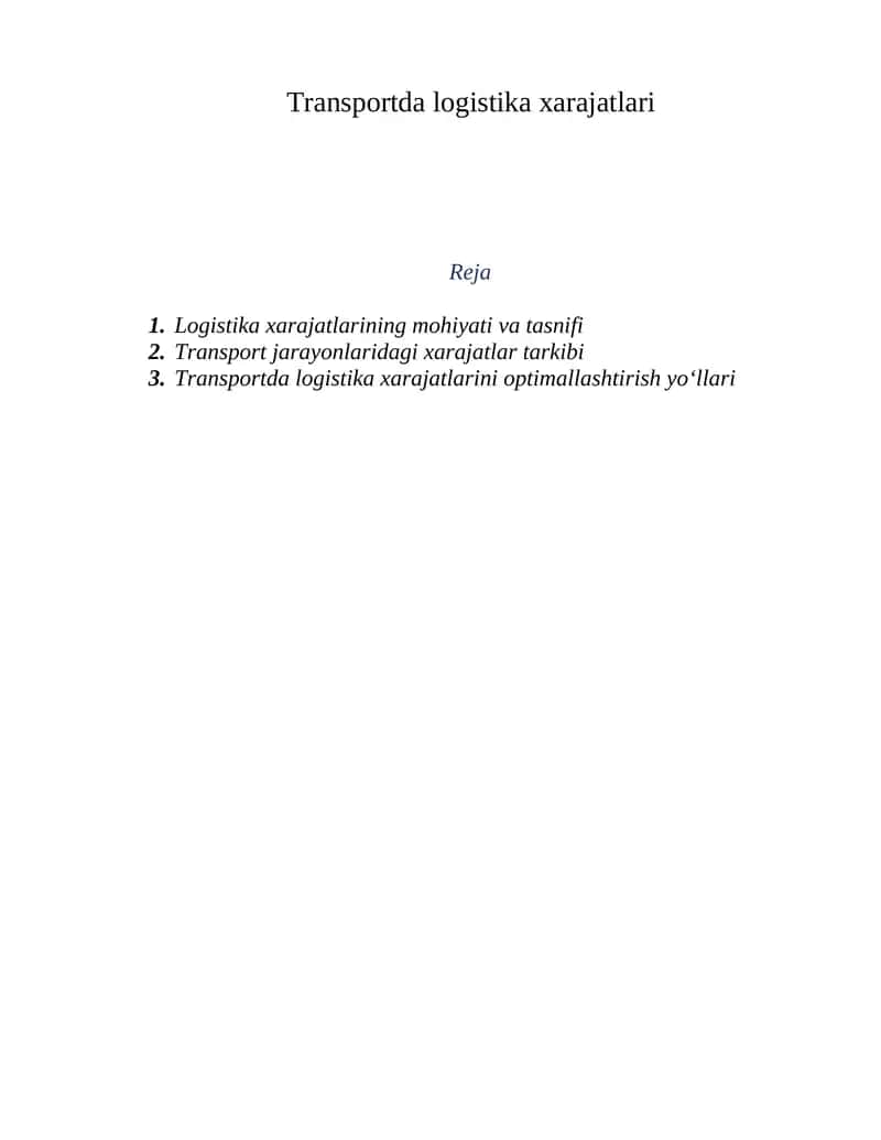 Transportda logistika xarajatlari