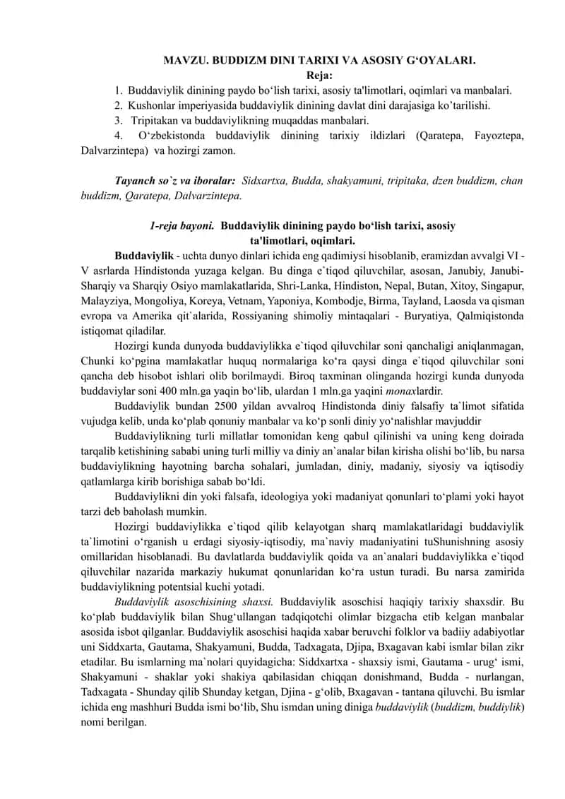 Buddizm dini tarixi va asosiy g‘oyalari