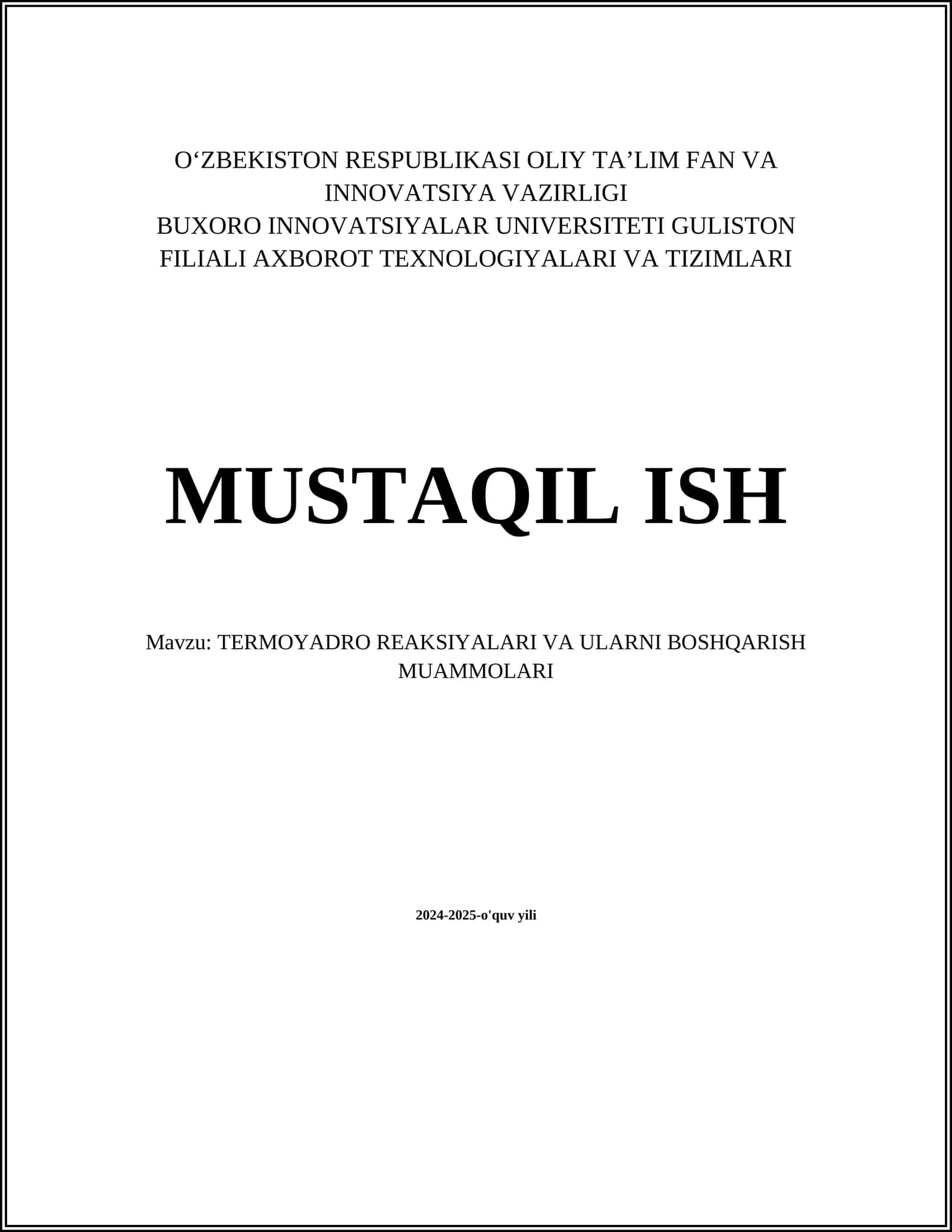 TERMOYADRO REAKSIYALARI VA ULARNI BOSHQARISH MUAMMOLARI