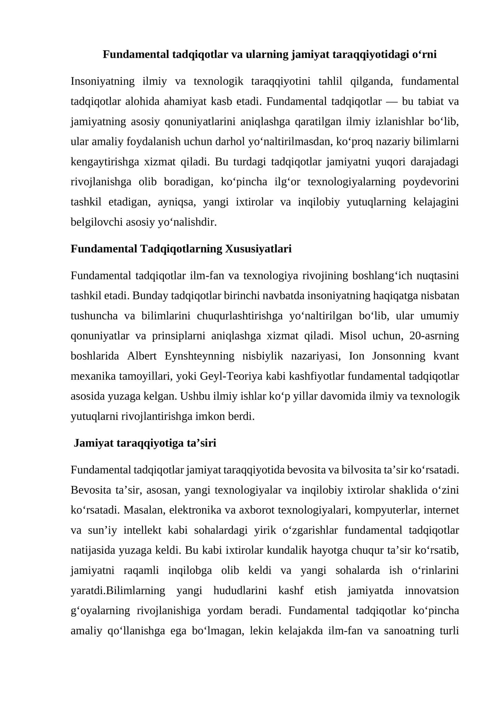 Fundamental Tadqiqotlar va ularning jamiyat taraqqiyotidagi o‘rni
