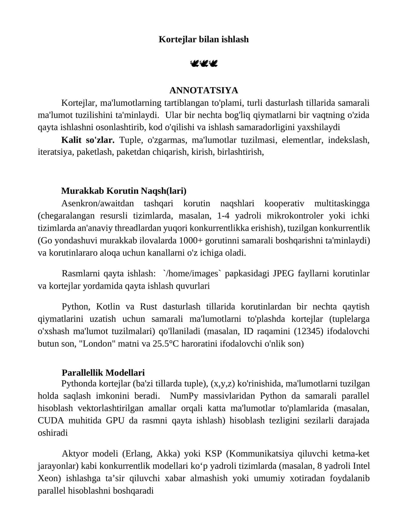 Kortejlar bilan ishlash