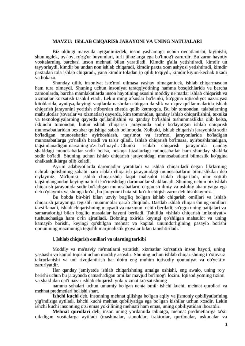 Ishlab Chiqarish Jarayoni va Uning Natijalari
