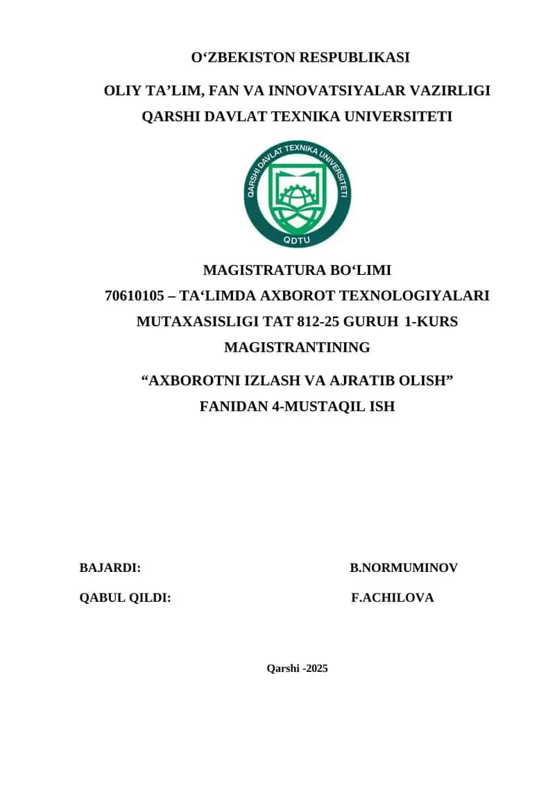 Axborotni izlash va ajratishda tartibli indeks, Bayes modellari va elektron resurslarni sinflash algoritmlari yaratish