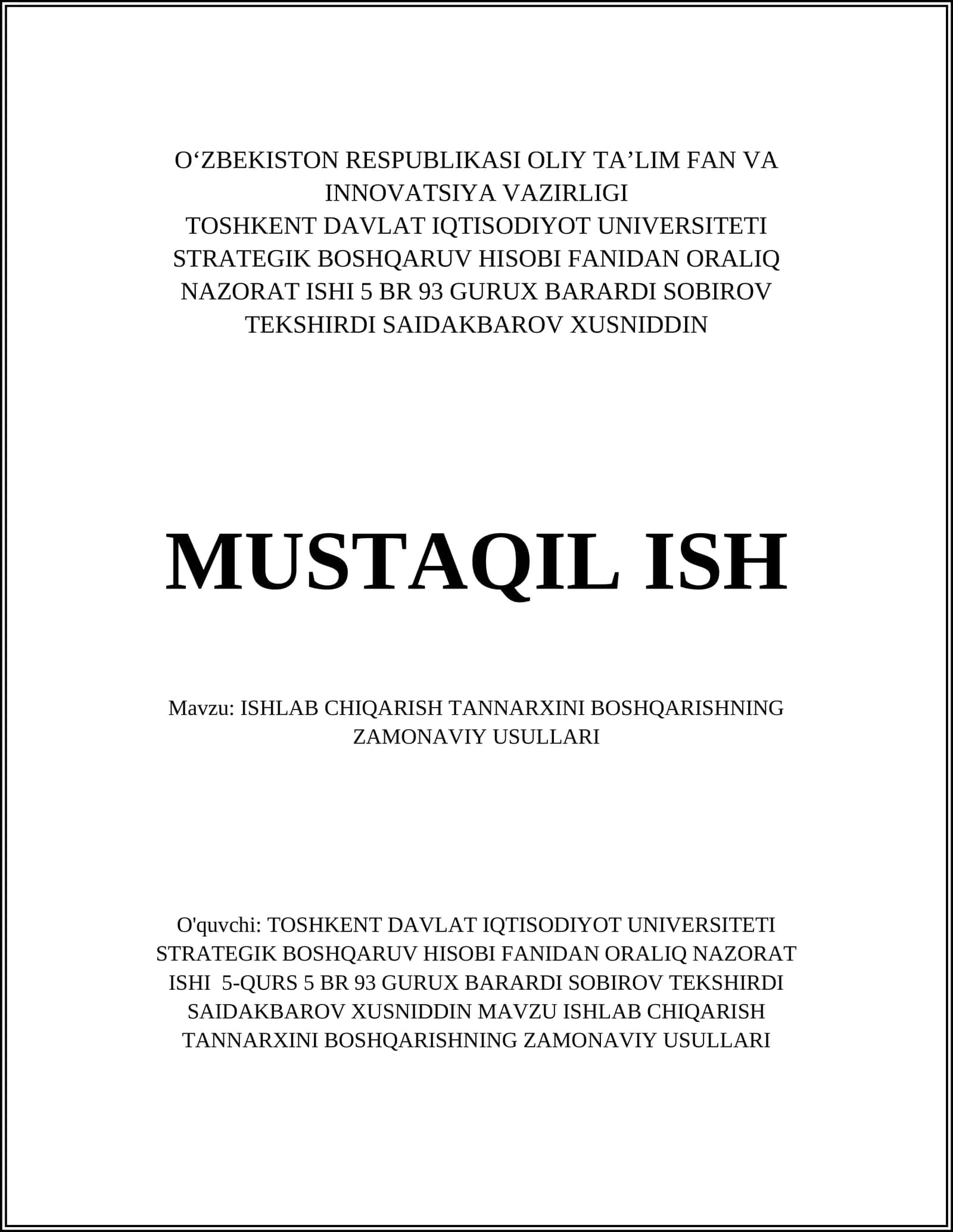 ISHLAB CHIQARISH TANNARXINI BOSHQARISHNING ZAMONAVIY USULLARI