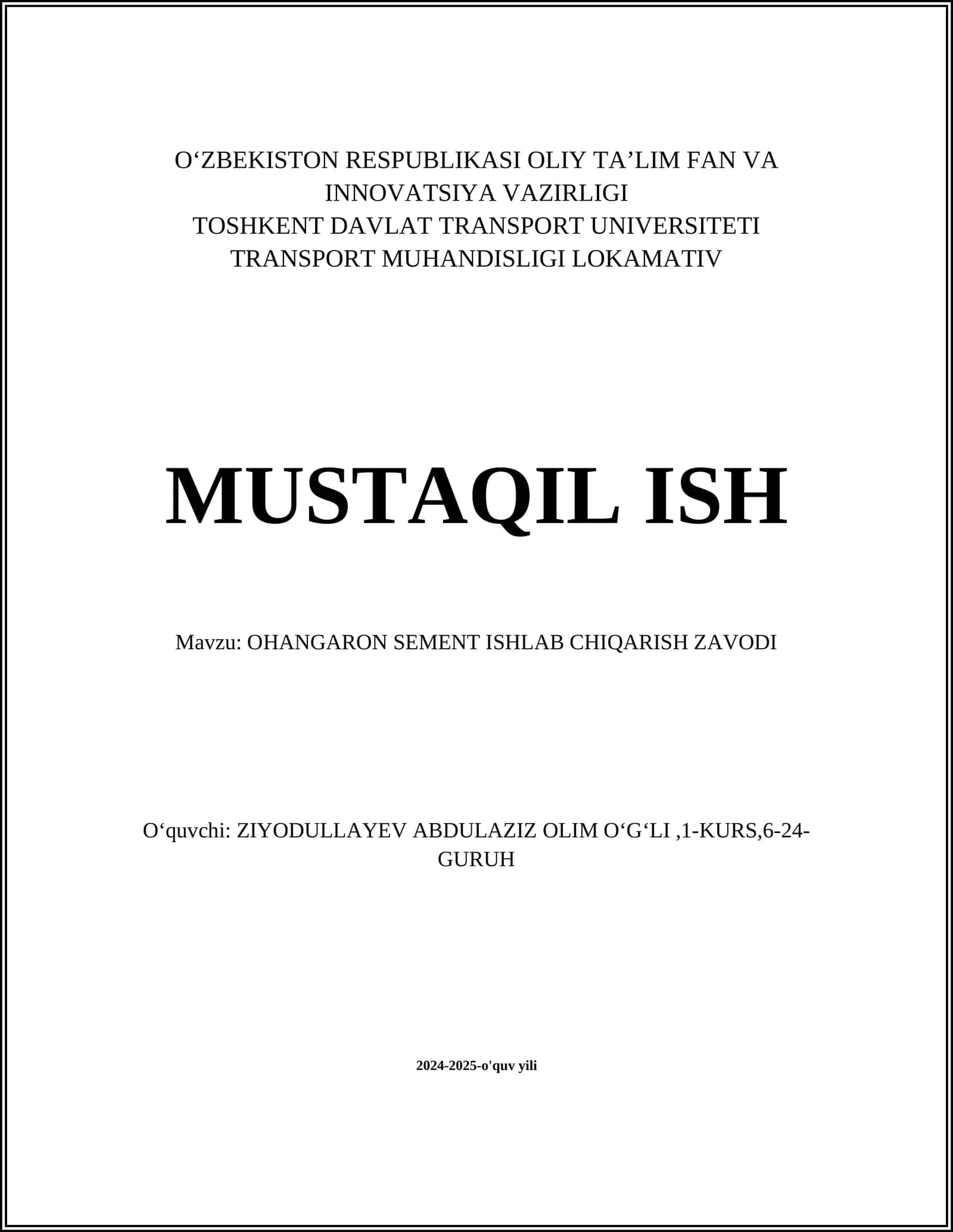 OHANGARON SEMENT ISHLAB CHIQARISH ZAVODI