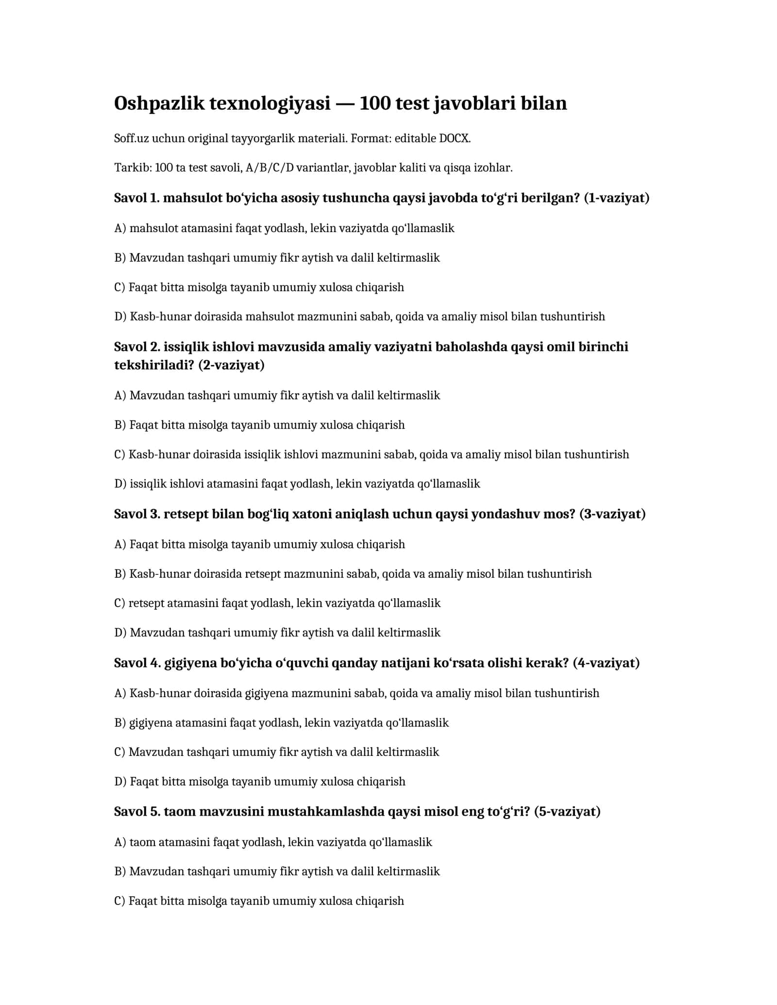Oshpazlik texnologiyasi — 100 test javoblari bilan