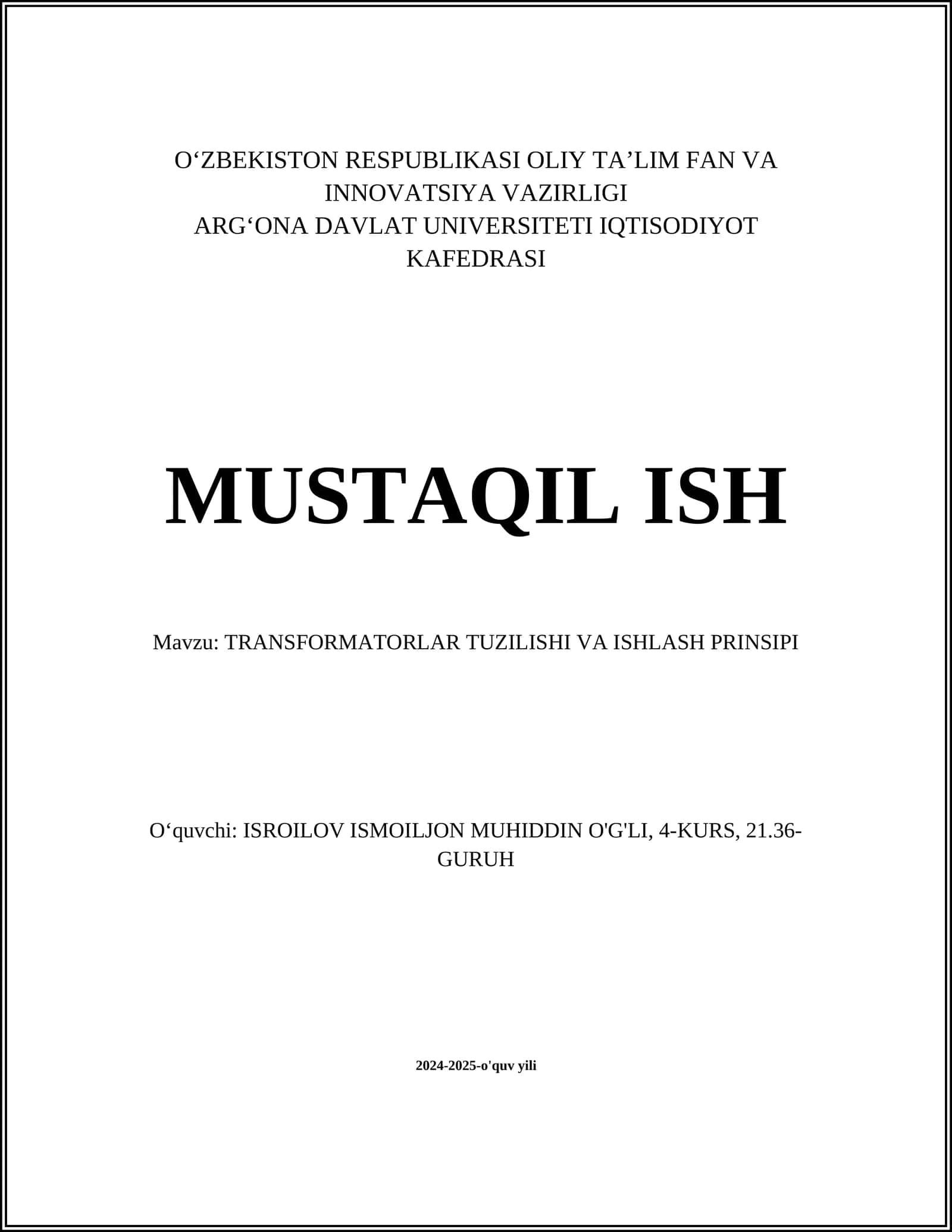 TRANSFORMATORLAR TUZILISHI VA ISHLASH PRINSIPI